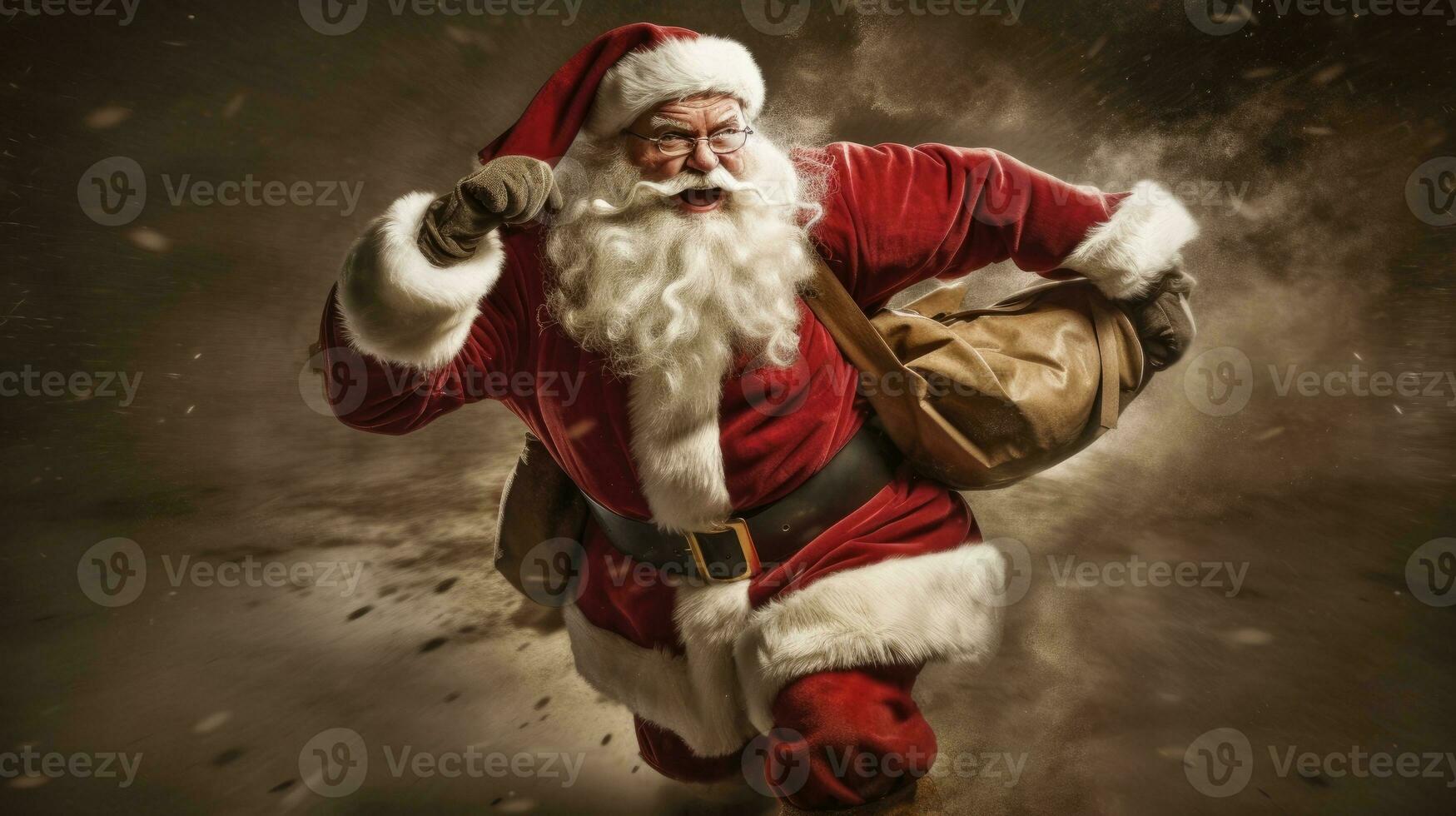 Happy Santa running with bag on her back. Generative AI photo