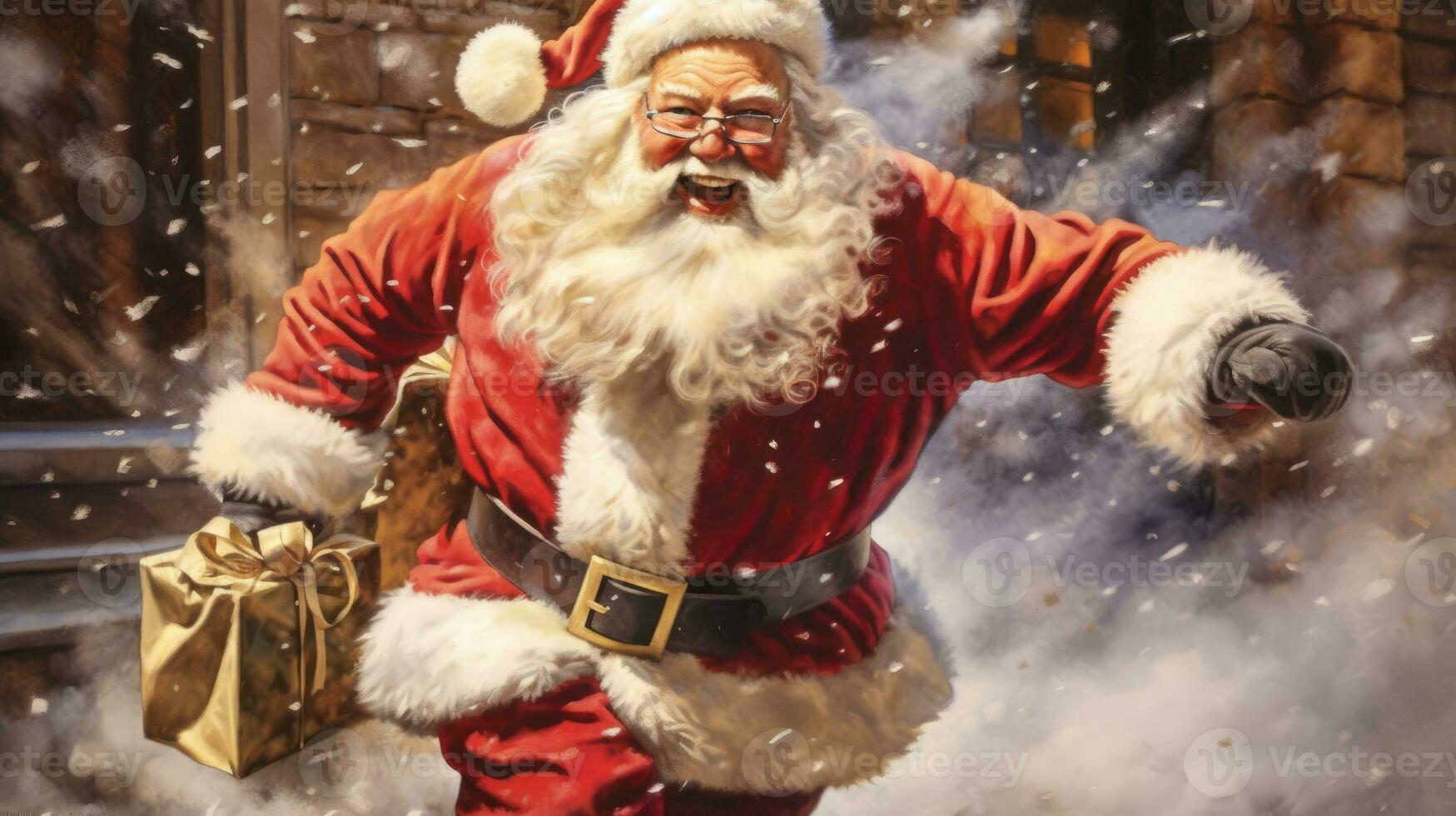 Happy Santa running with bag on her back. Generative AI photo