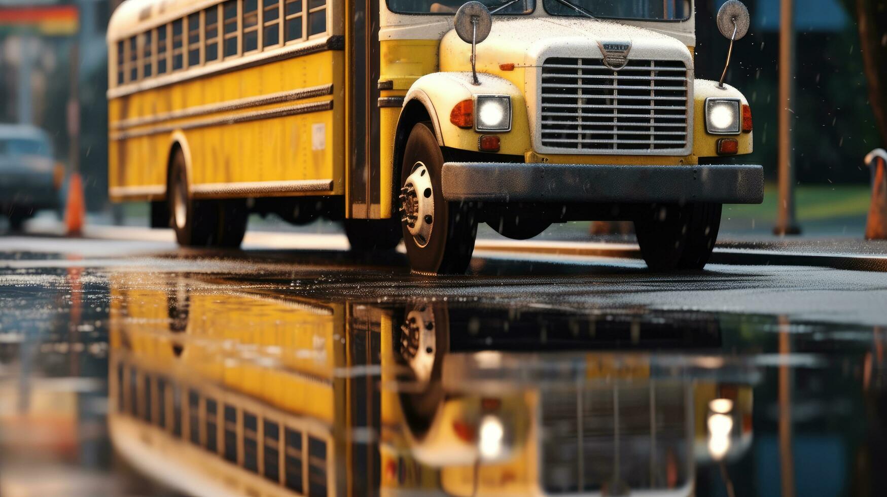 de cerca foto de colegio autobús en el la carretera. generativo ai