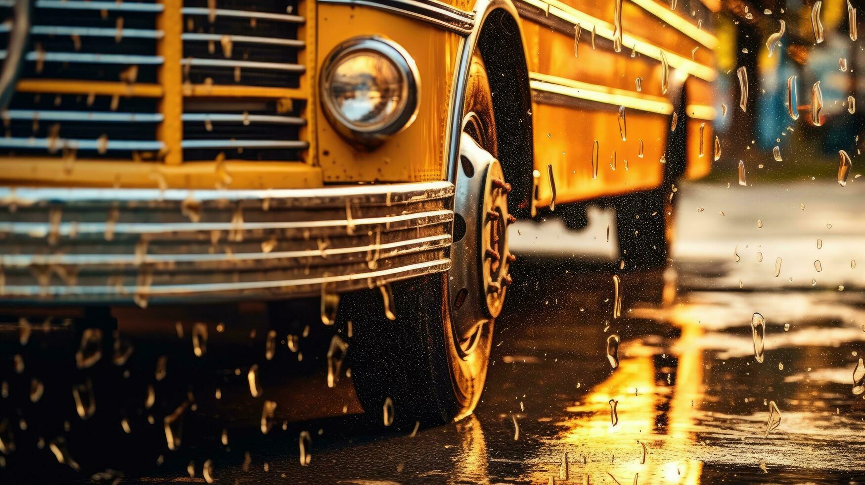 de cerca foto de colegio autobús en el la carretera. generativo ai