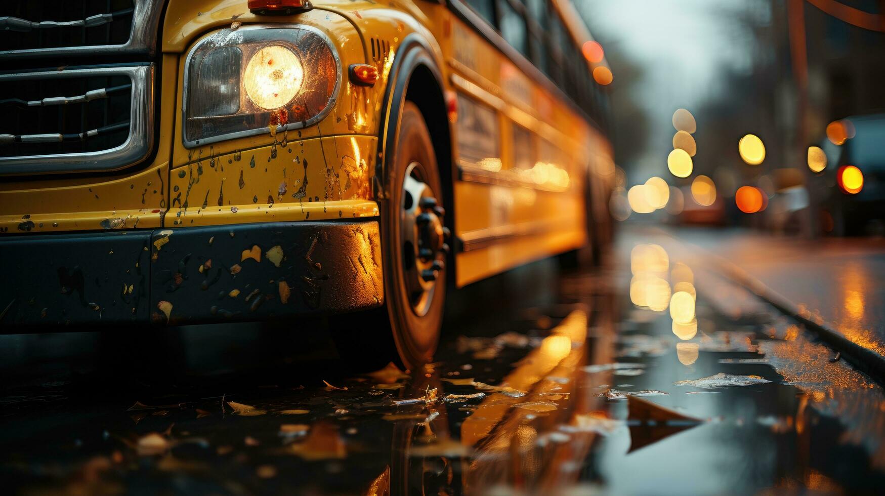 Close-up photo of school bus on the road. Generative AI