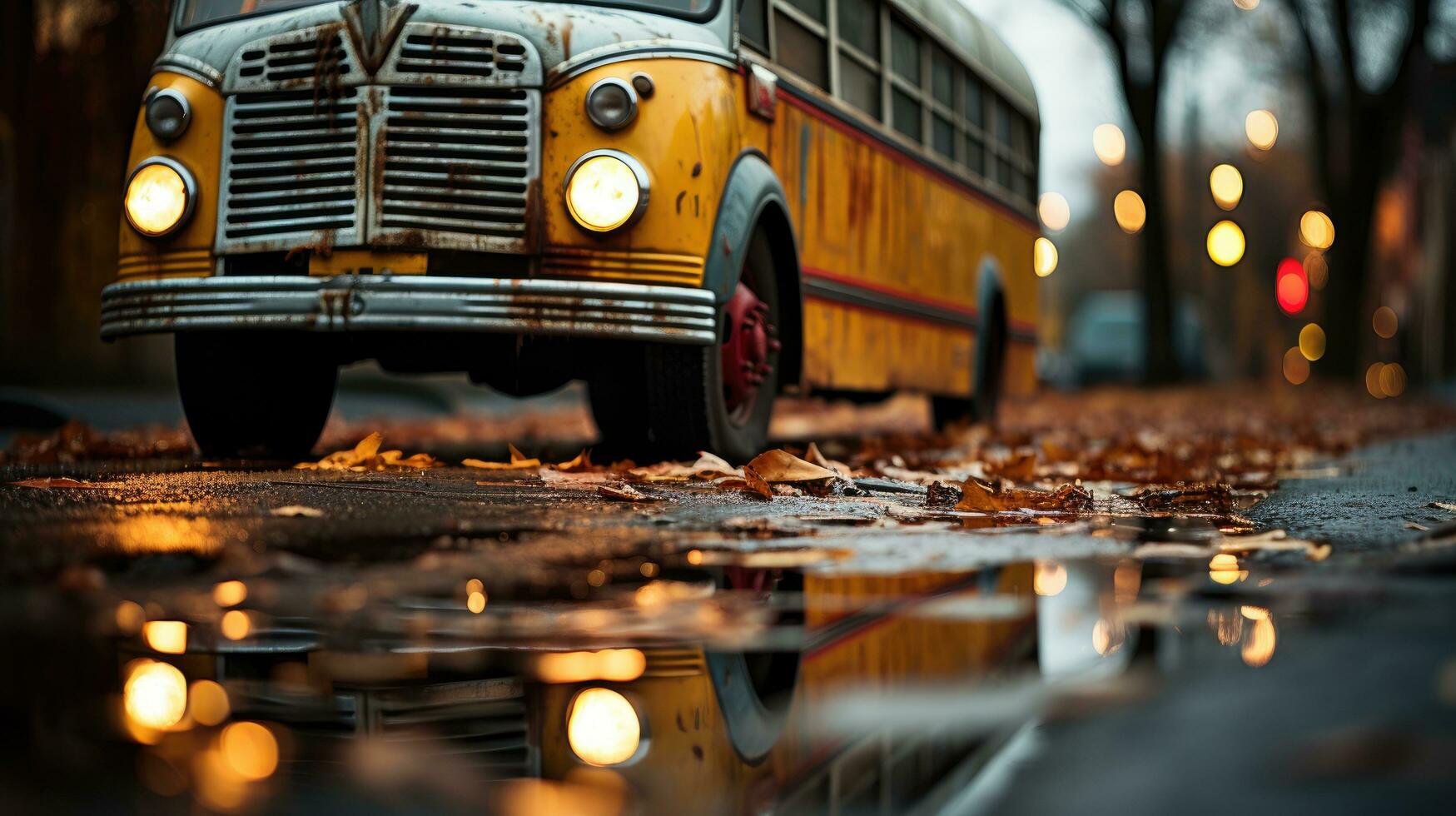 Close-up photo of school bus on the road. Generative AI