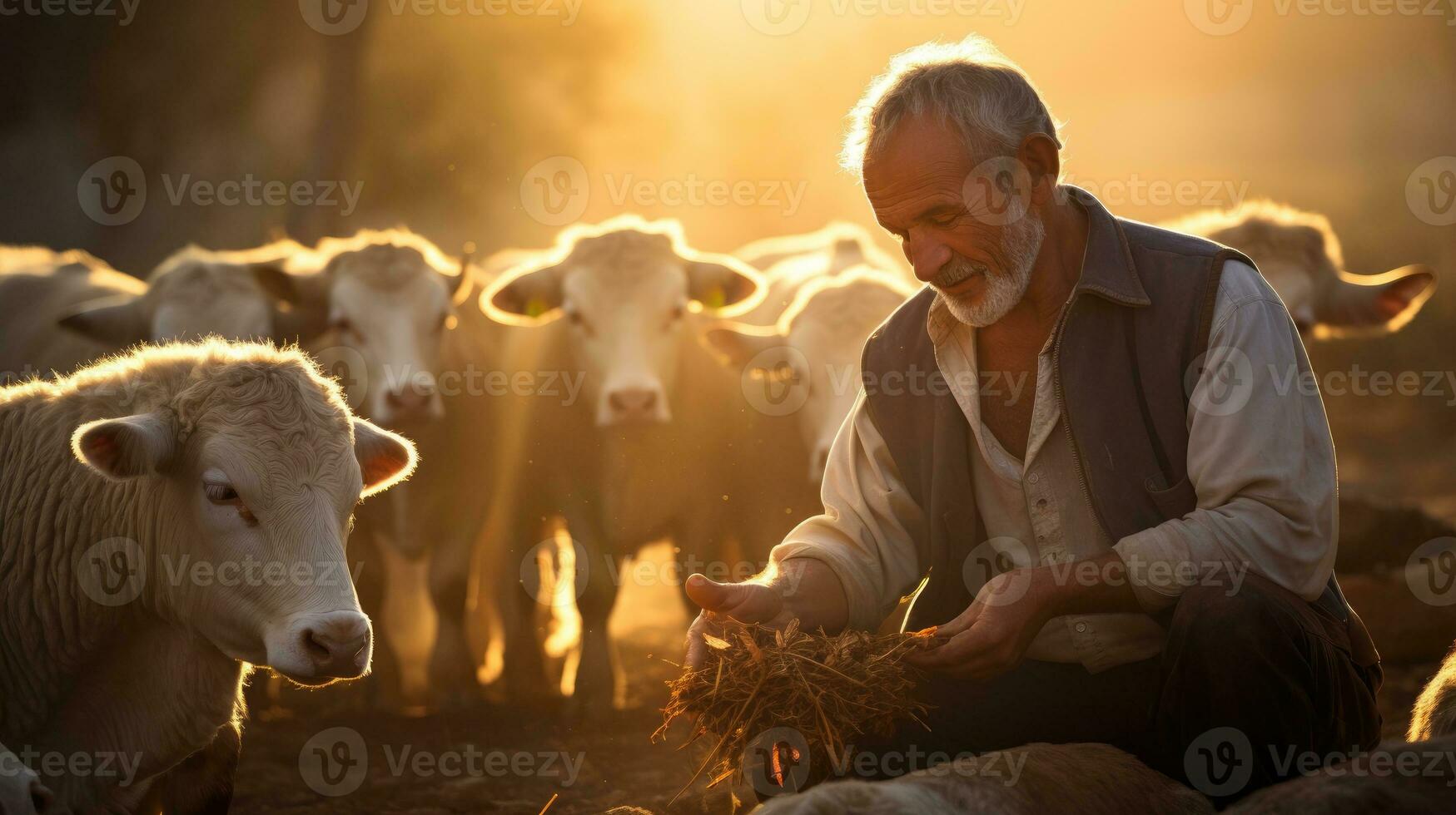 An experienced farmer feeding his animals early in the morning. Generative AI photo