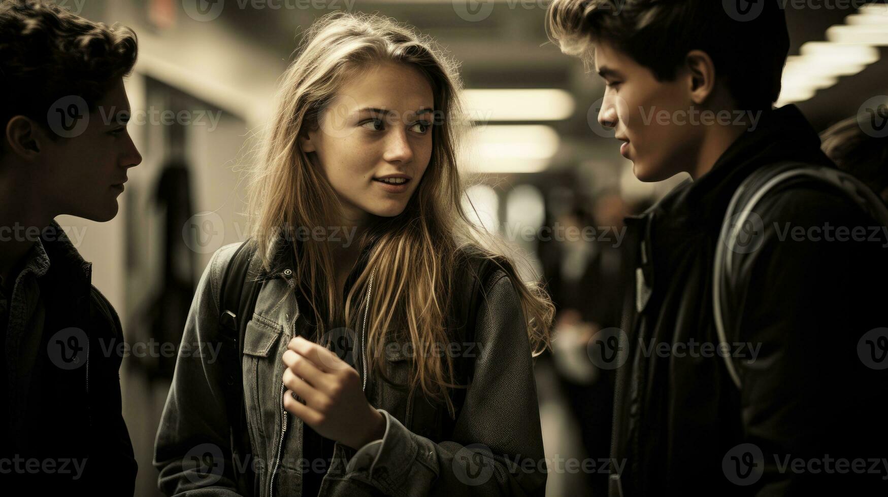 Close-up picture of young students walking in high school hallway. Generative AI photo
