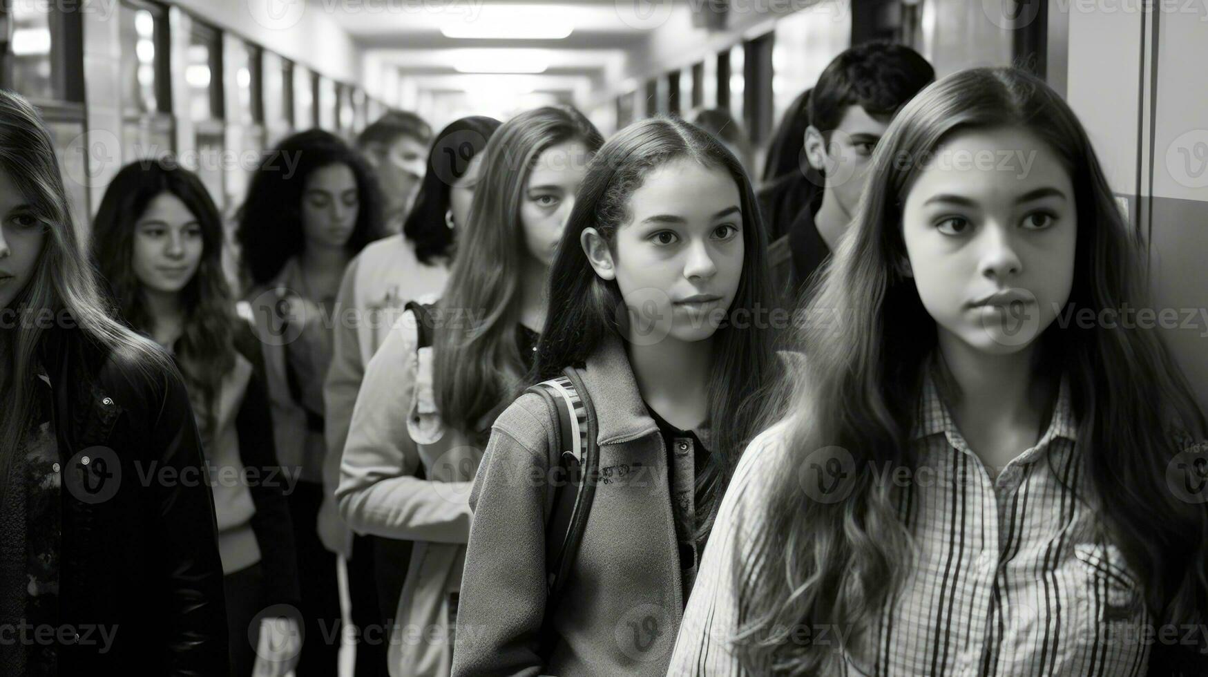 Close-up picture of young students walking in high school hallway. Generative AI photo