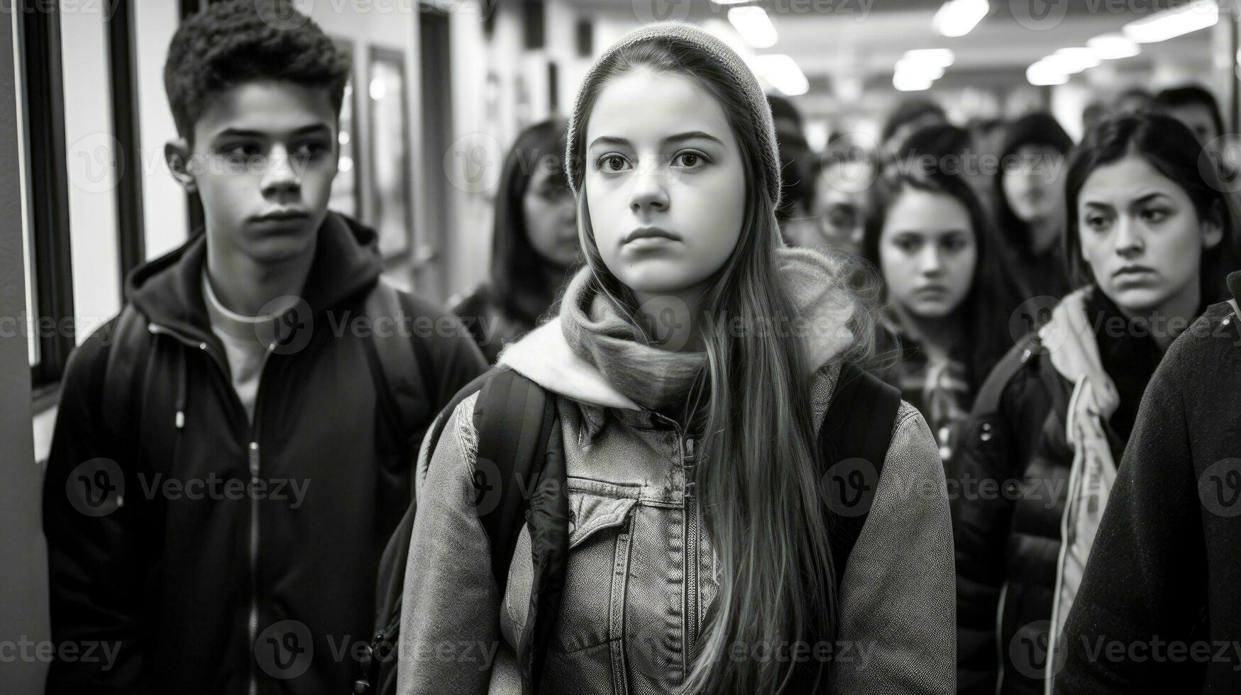 Close-up picture of young students walking in high school hallway. Generative AI photo