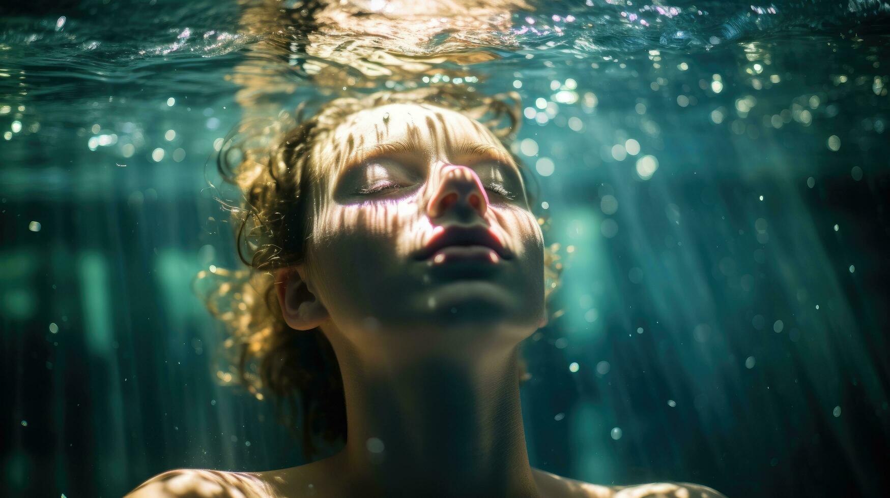 A female swimmer diving into the depths of a pool with her eyes closed. Generative AI photo