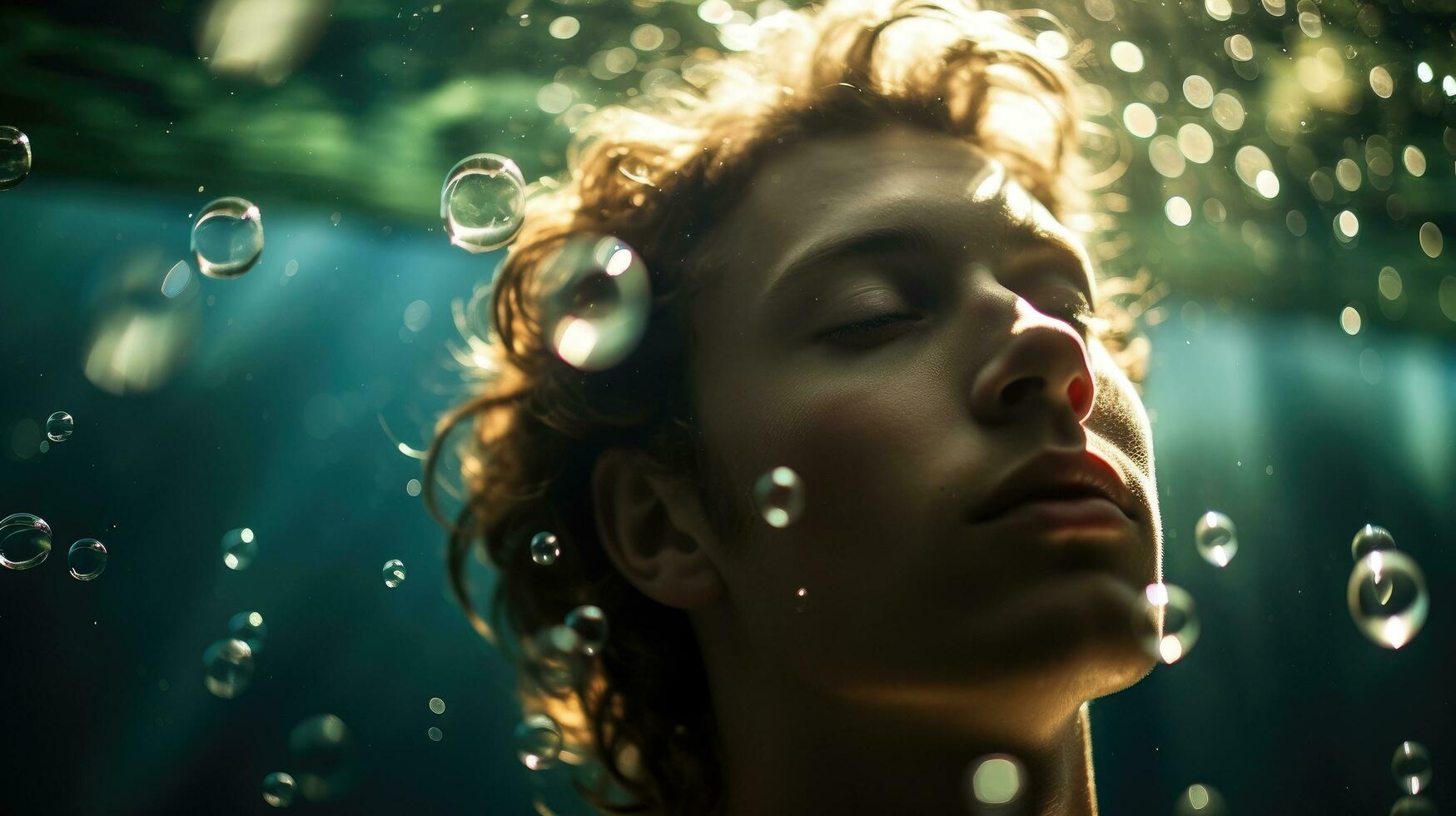 un hembra nadador buceo dentro el lo más hondo de un piscina con su ojos cerrado. generativo ai foto