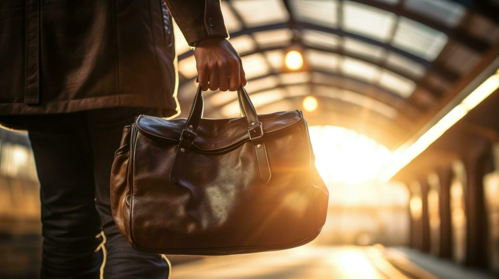 A man's hand grasping the handle of his suitcase with the bustling train station platform in the background. Generative AI photo