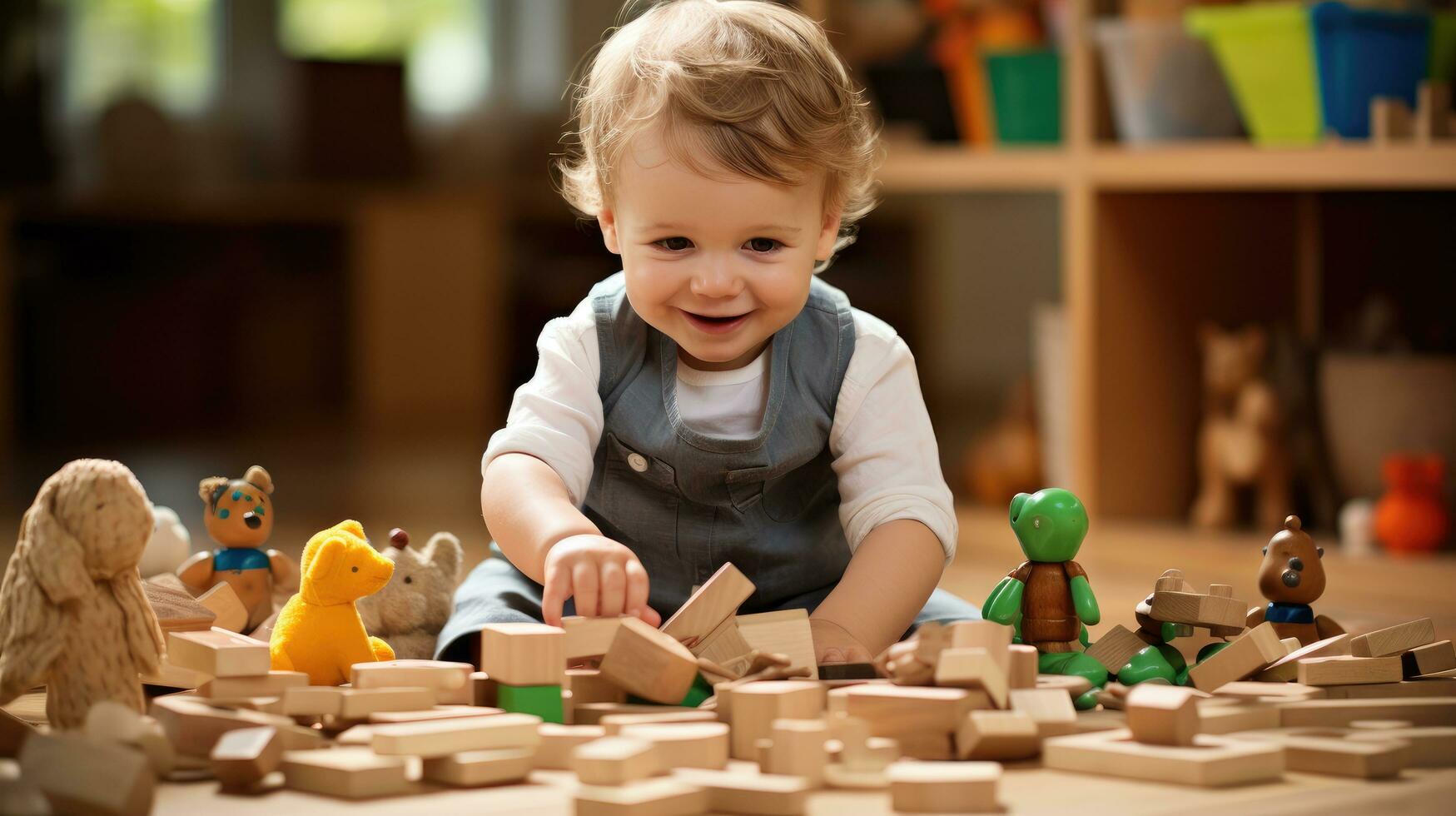 Toddler exploring the toys in the room. Generative AI photo