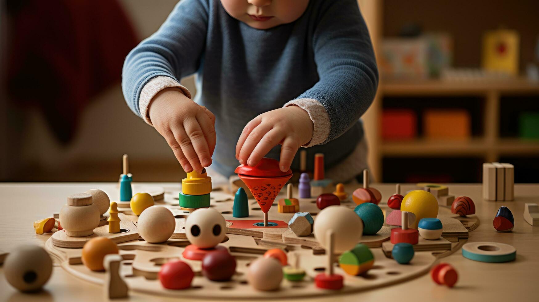 Toddler exploring the toys in the room. Generative AI photo