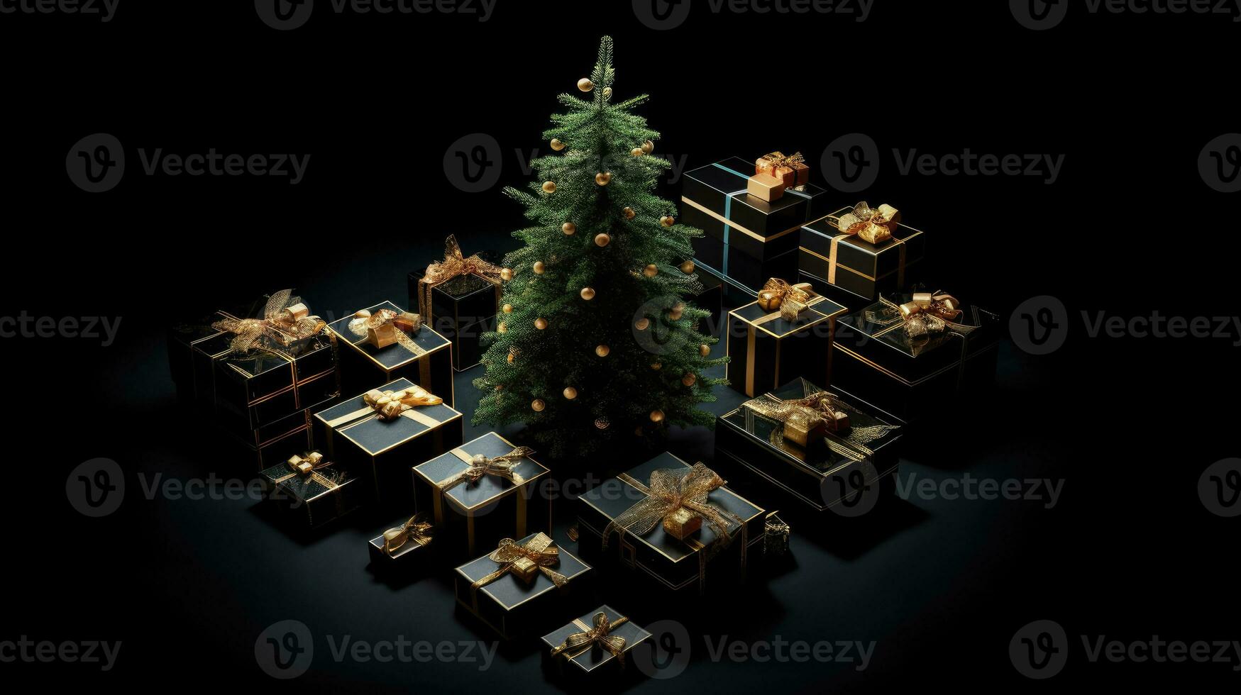 Gift boxes in black friday concept style around pine tree on black background. Generative AI photo