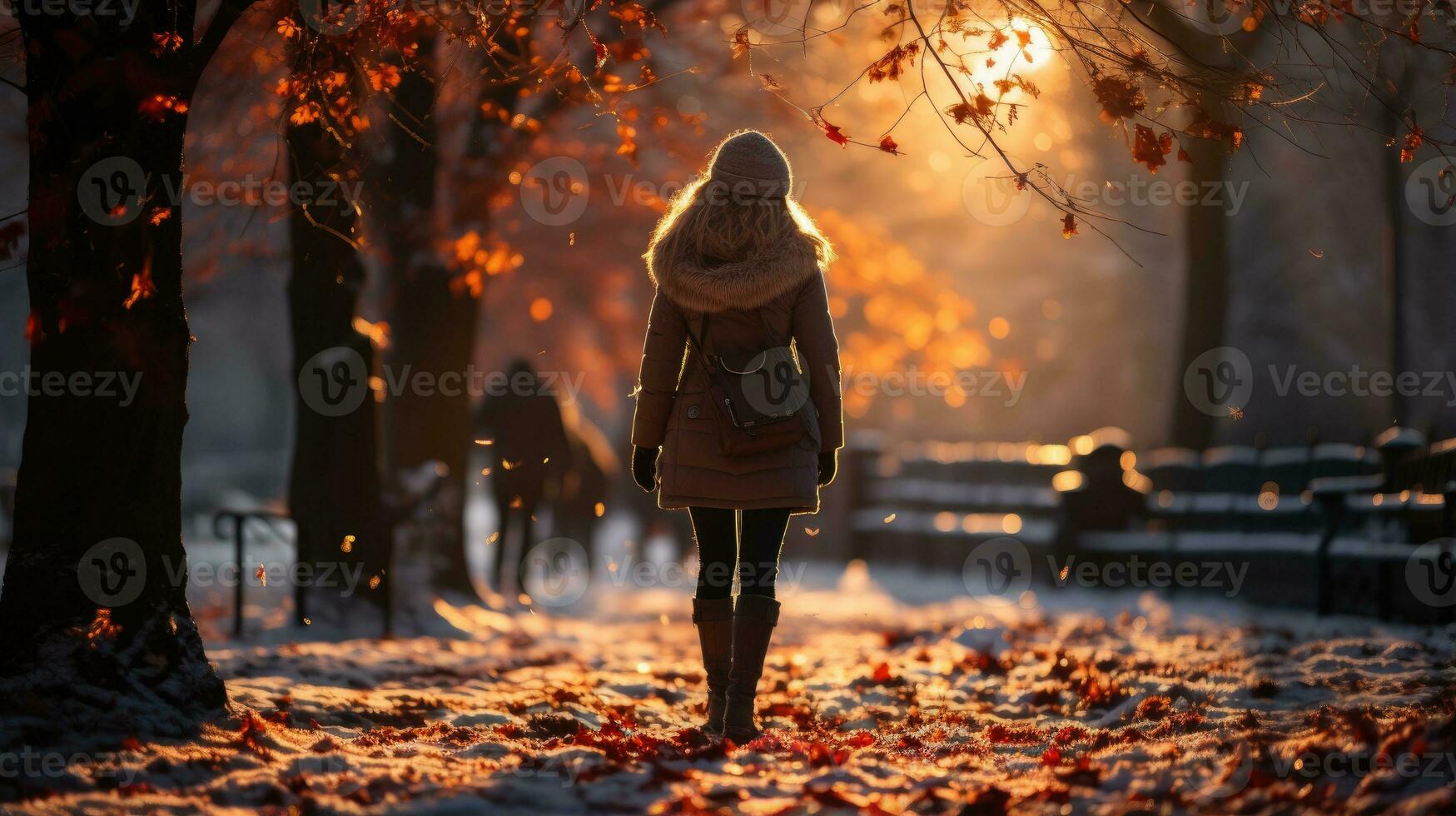 persona caminando en Nevado la carretera a puesta de sol en un invierno día. generativo ai foto