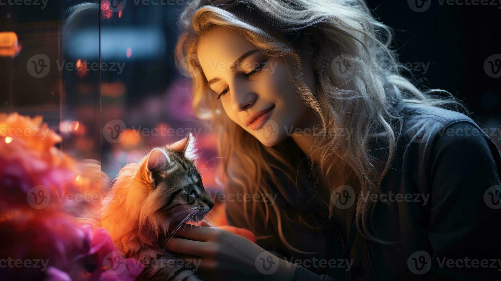 A woman and her pet cat playfully play with their shared bond and cat toy. Generative AI photo