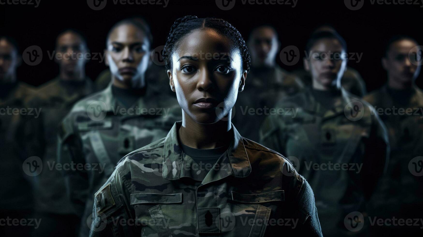 primer plano de mujer en un militar uniforme en un borroso antecedentes. generativo ai foto