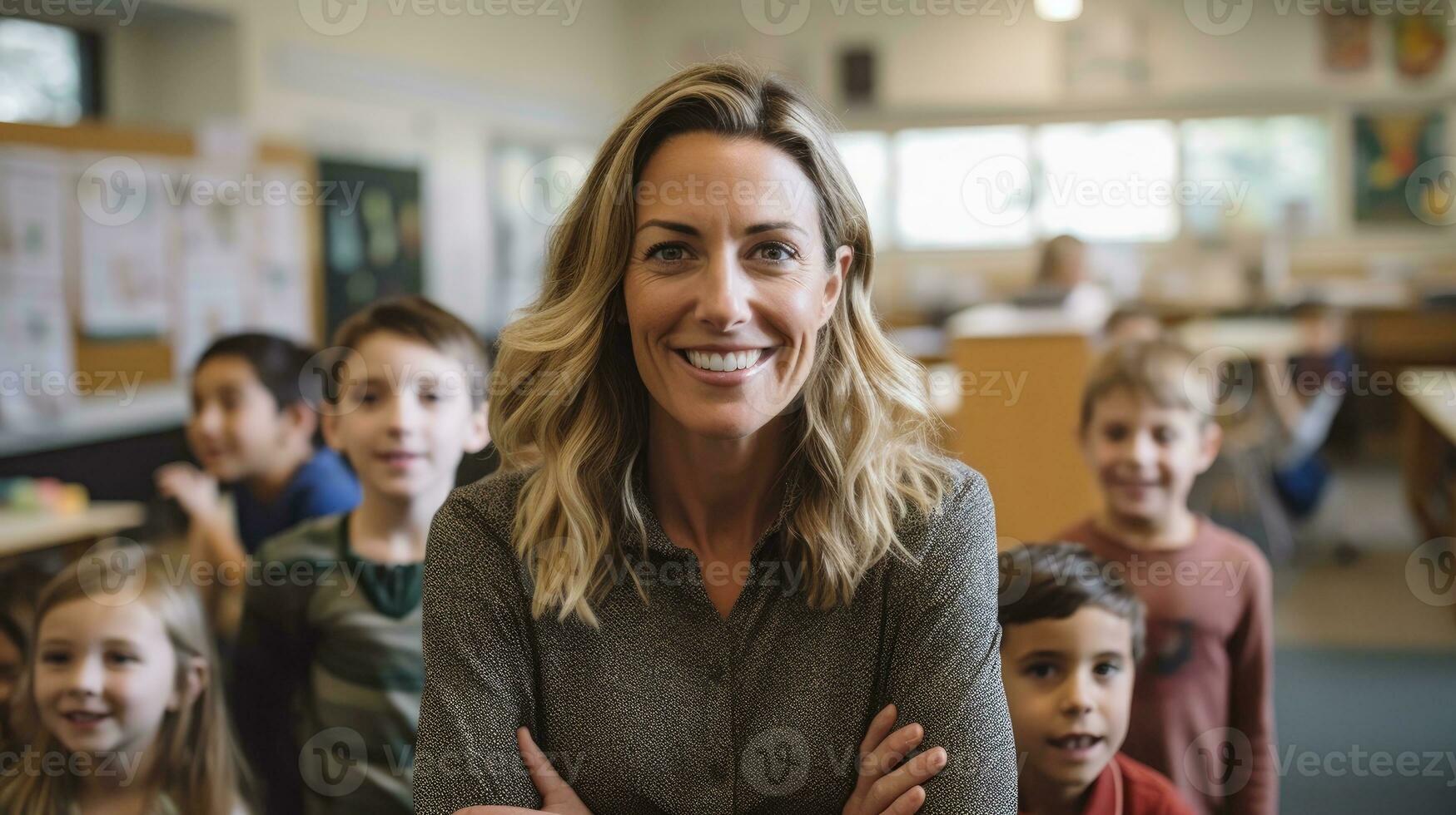 Happy female teacher in an elementary school classroom. Generative AI photo