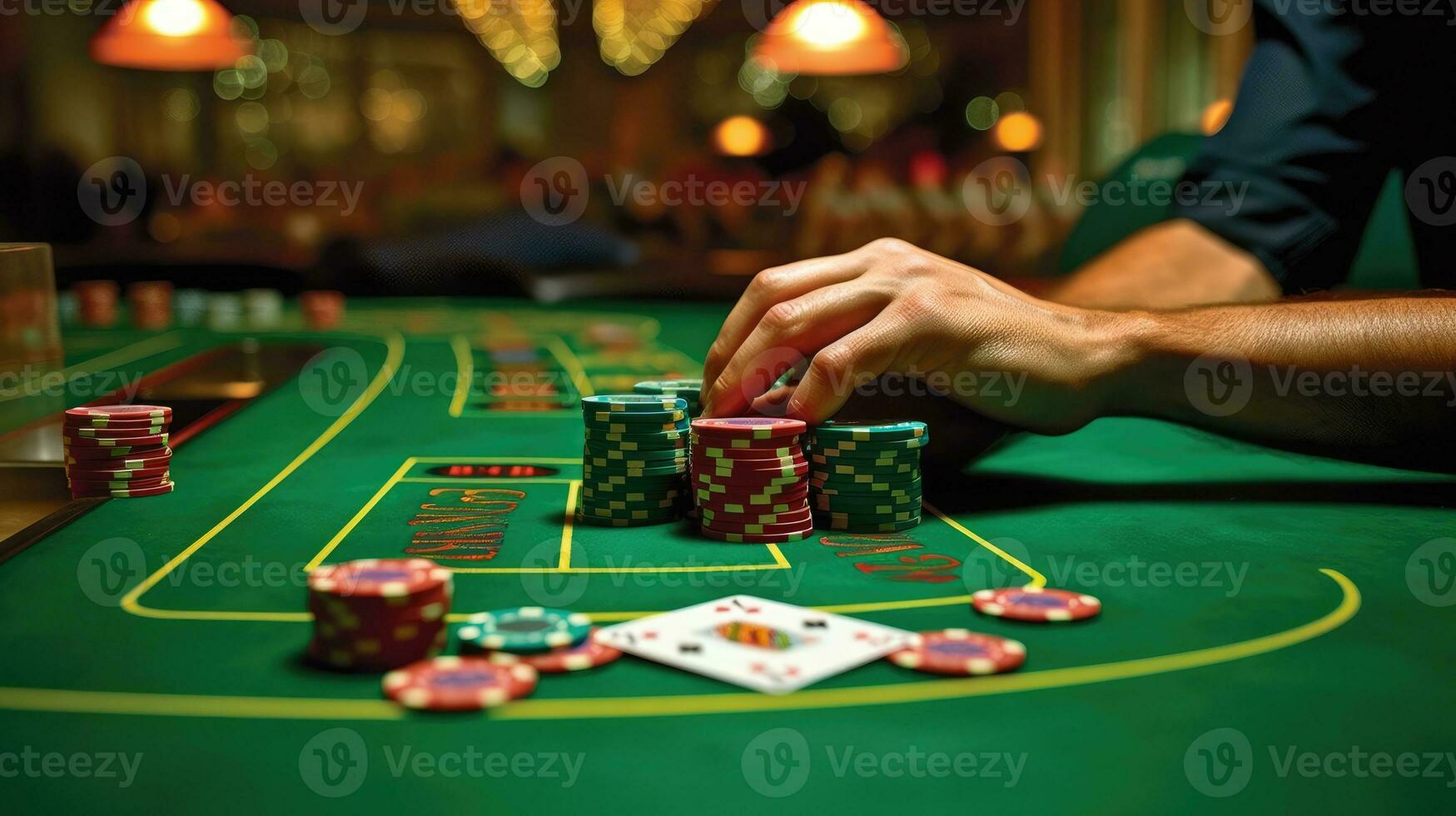 Chips on the poker table and a poker player. Generative AI photo