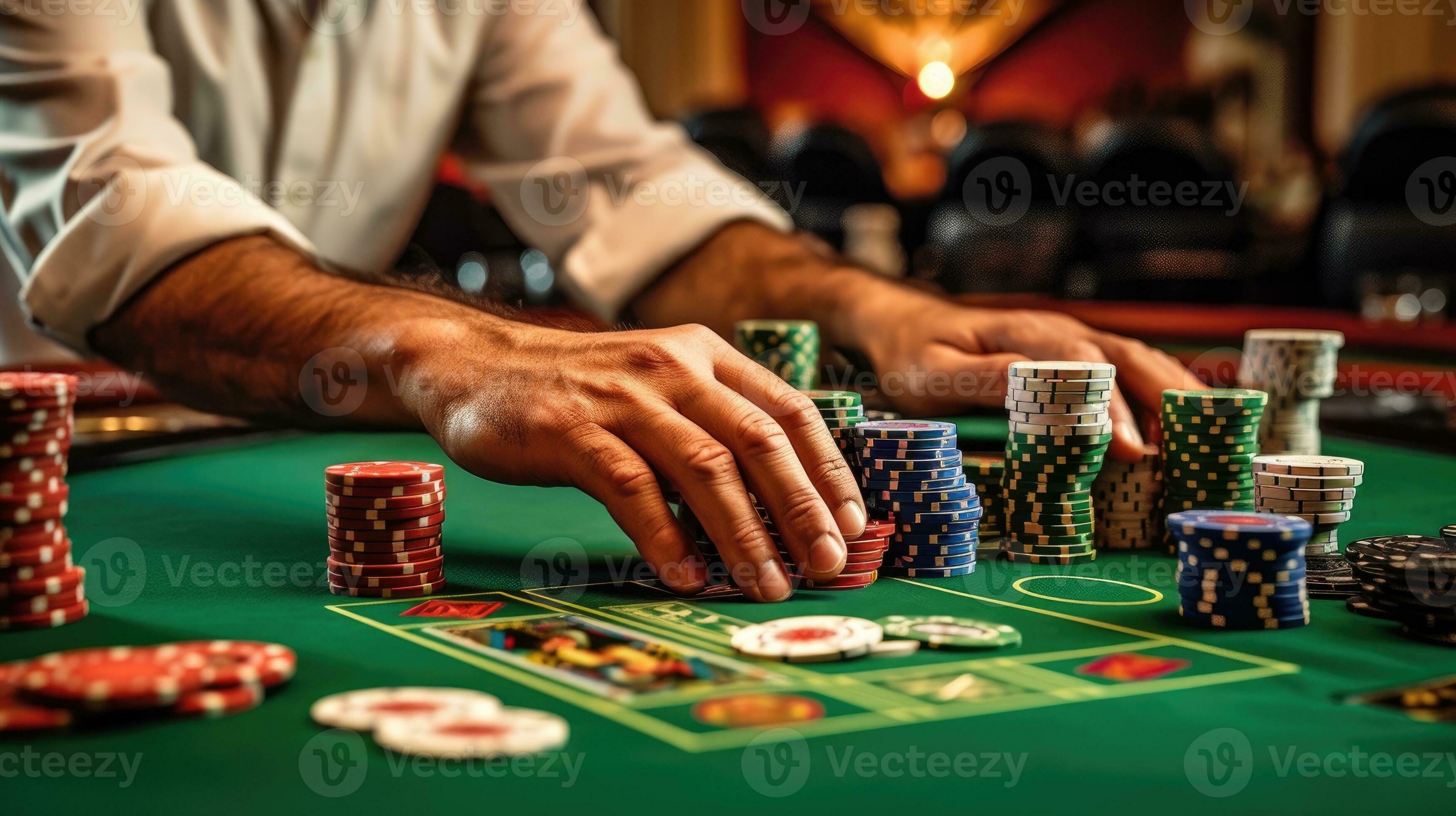 Chips on the poker table and a poker player. Generative AI 30710472