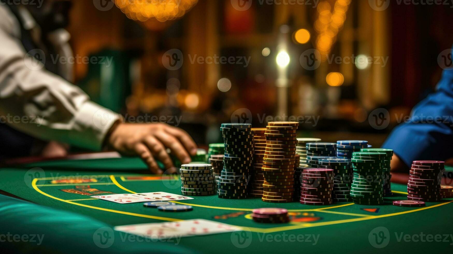 Chips on the poker table and a poker player. Generative AI photo