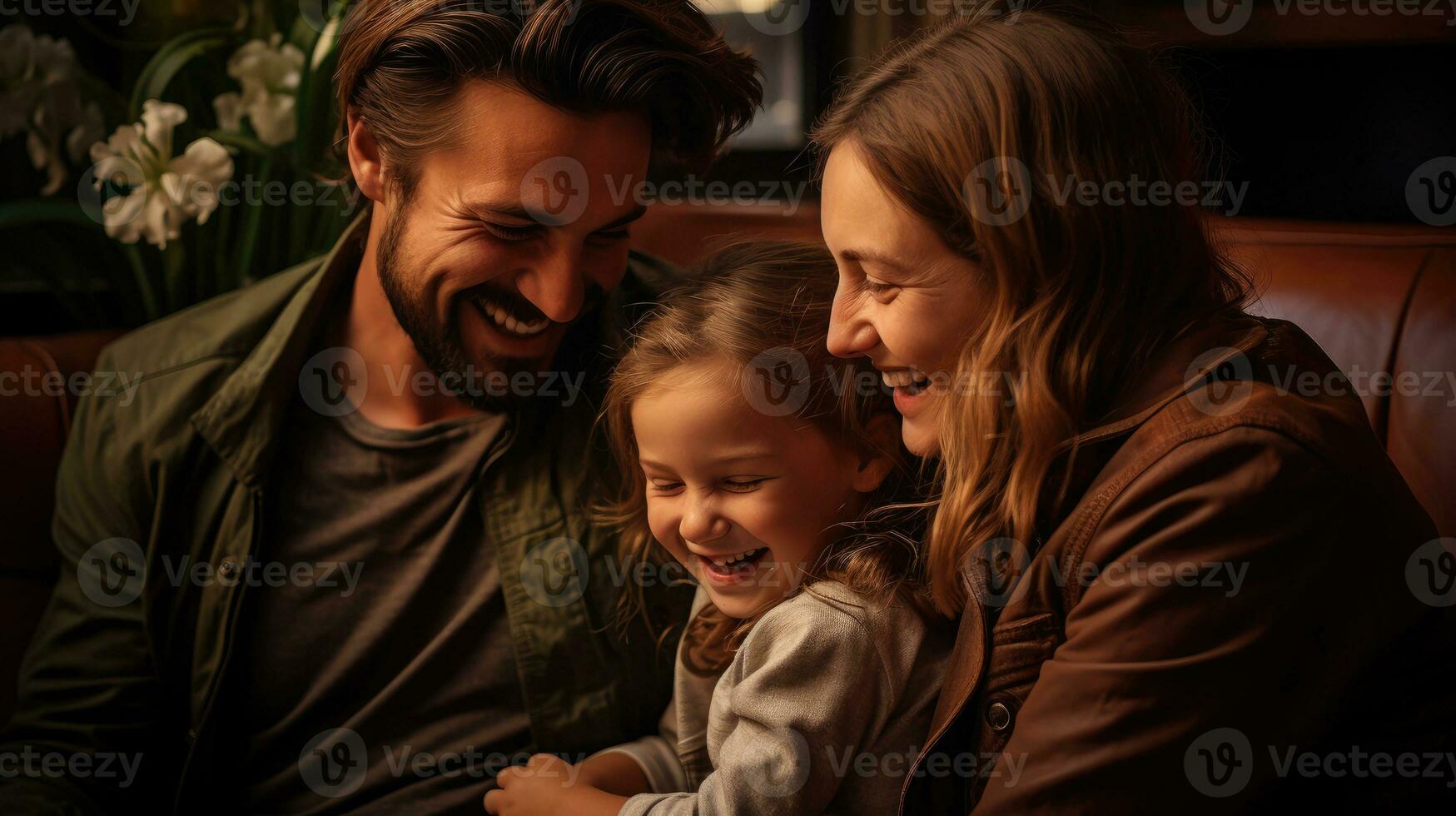A happy family sits happily in their living room. Generative AI photo