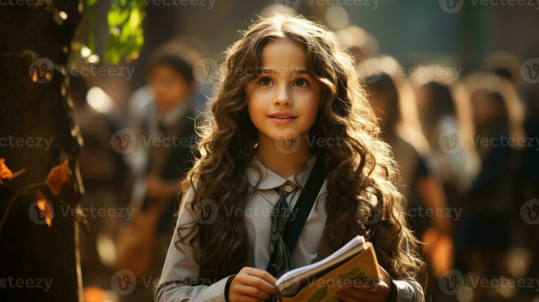 Picture of young girl going to school with books in hands on blurred background. Generative AI photo