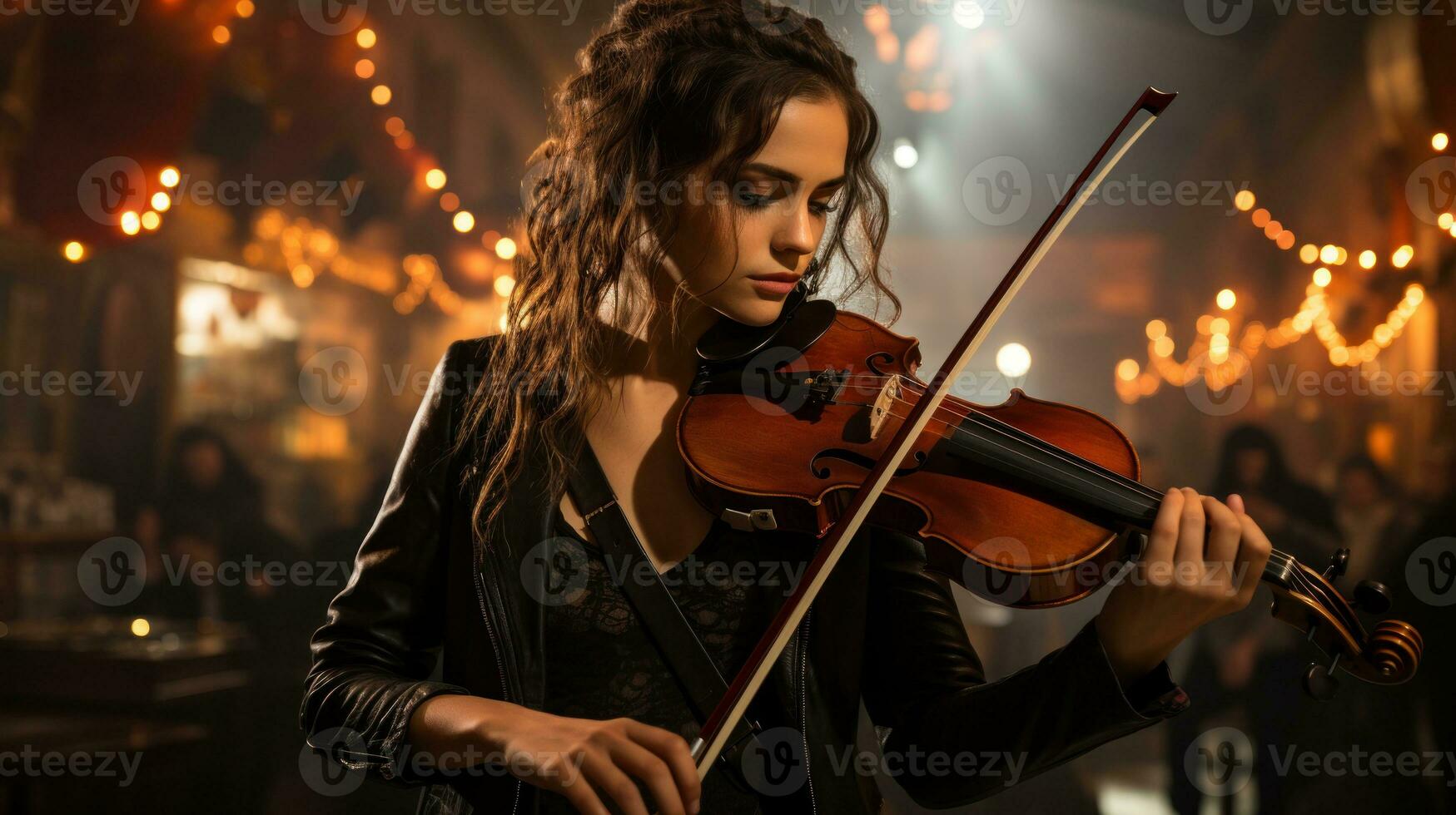 Musician woman playing violin in concert hall. Generative AI photo