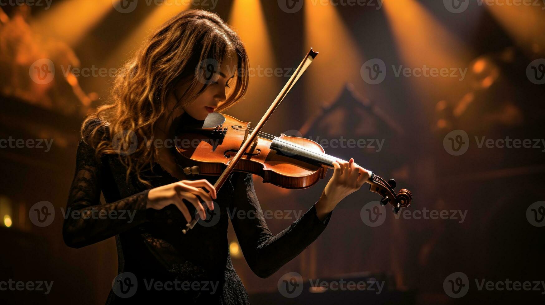 músico mujer jugando violín en concierto salón. generativo ai foto