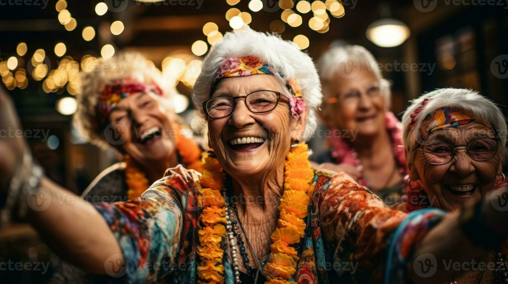 alegre personas mayores teniendo un bueno hora a el fiesta con su cerca amigos. generativo ai foto