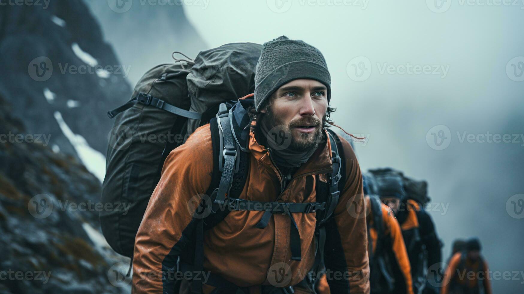 Careful progress of a group of mountaineers in mountainous terrain. Generative AI photo