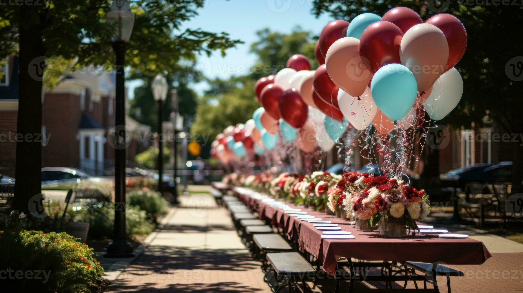 Parks decorated with balloons to throw a party. Generative AI photo