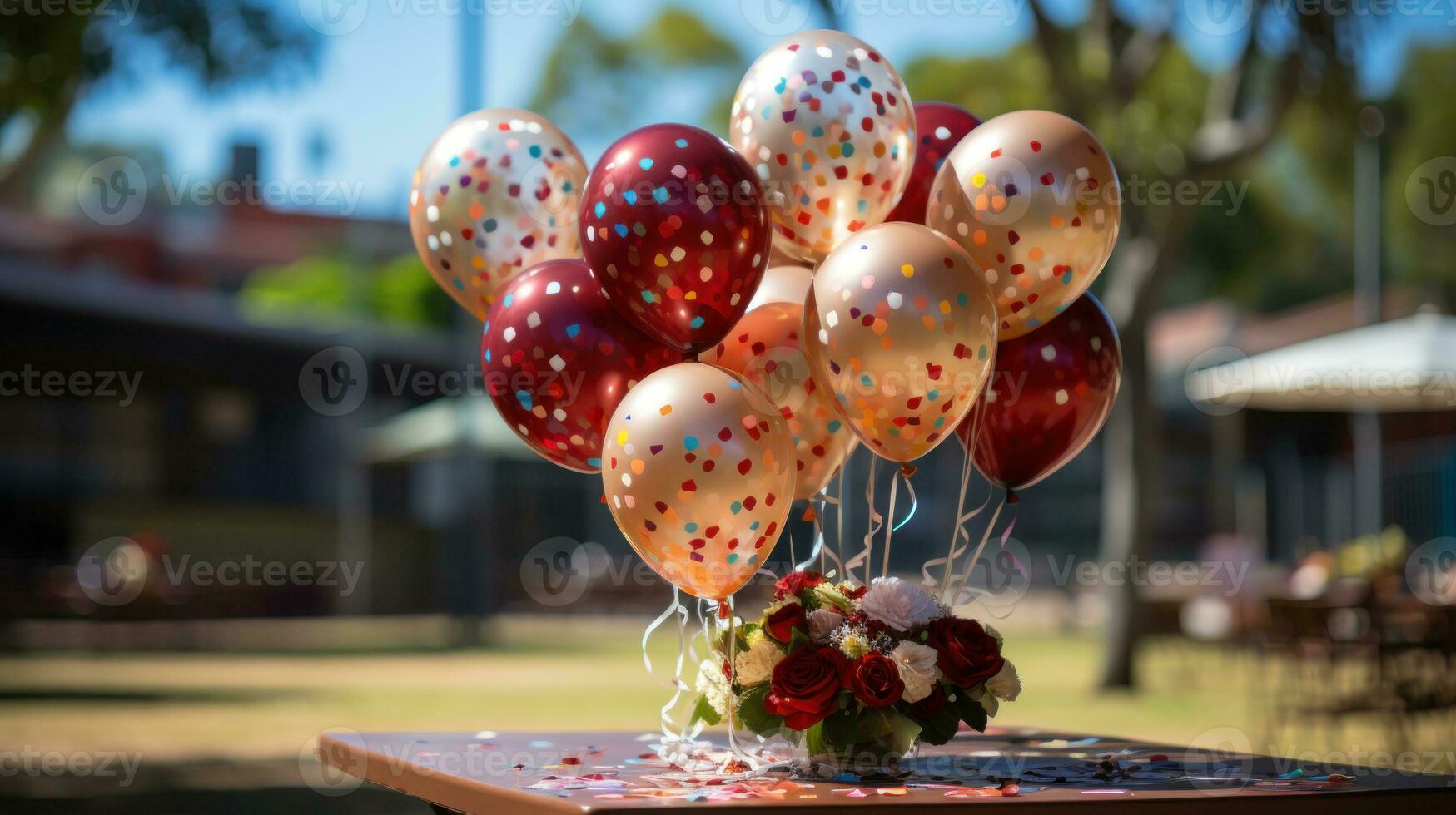 Parks decorated with balloons to throw a party. Generative AI photo