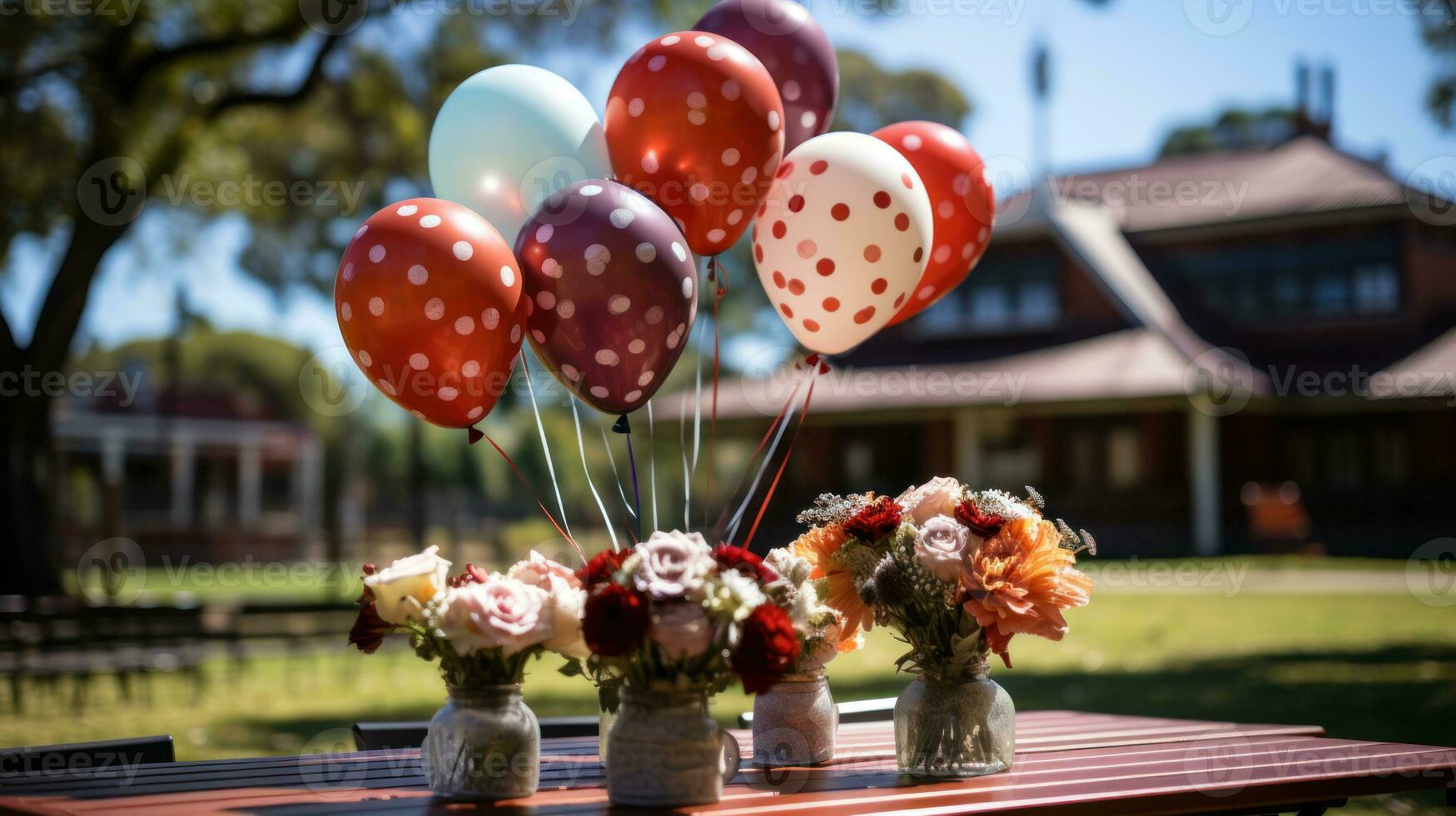 Parks decorated with balloons to throw a party. Generative AI photo