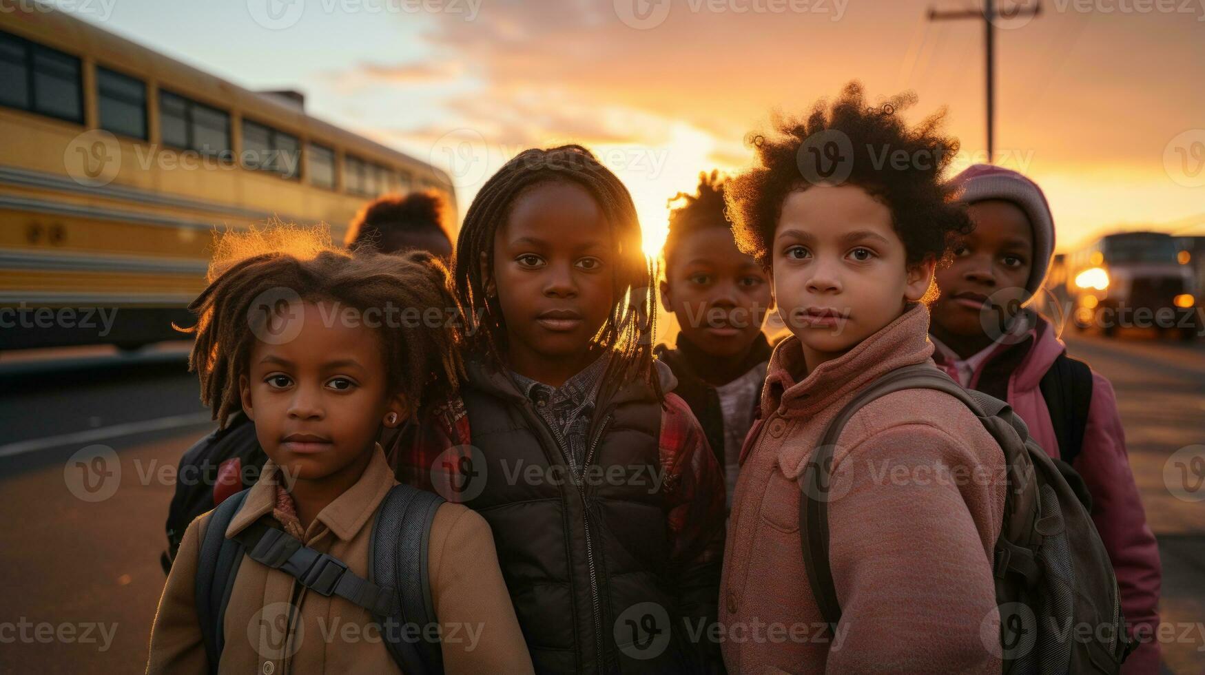 Children excitedly waiting for the school bus at the stop. Generative AI photo