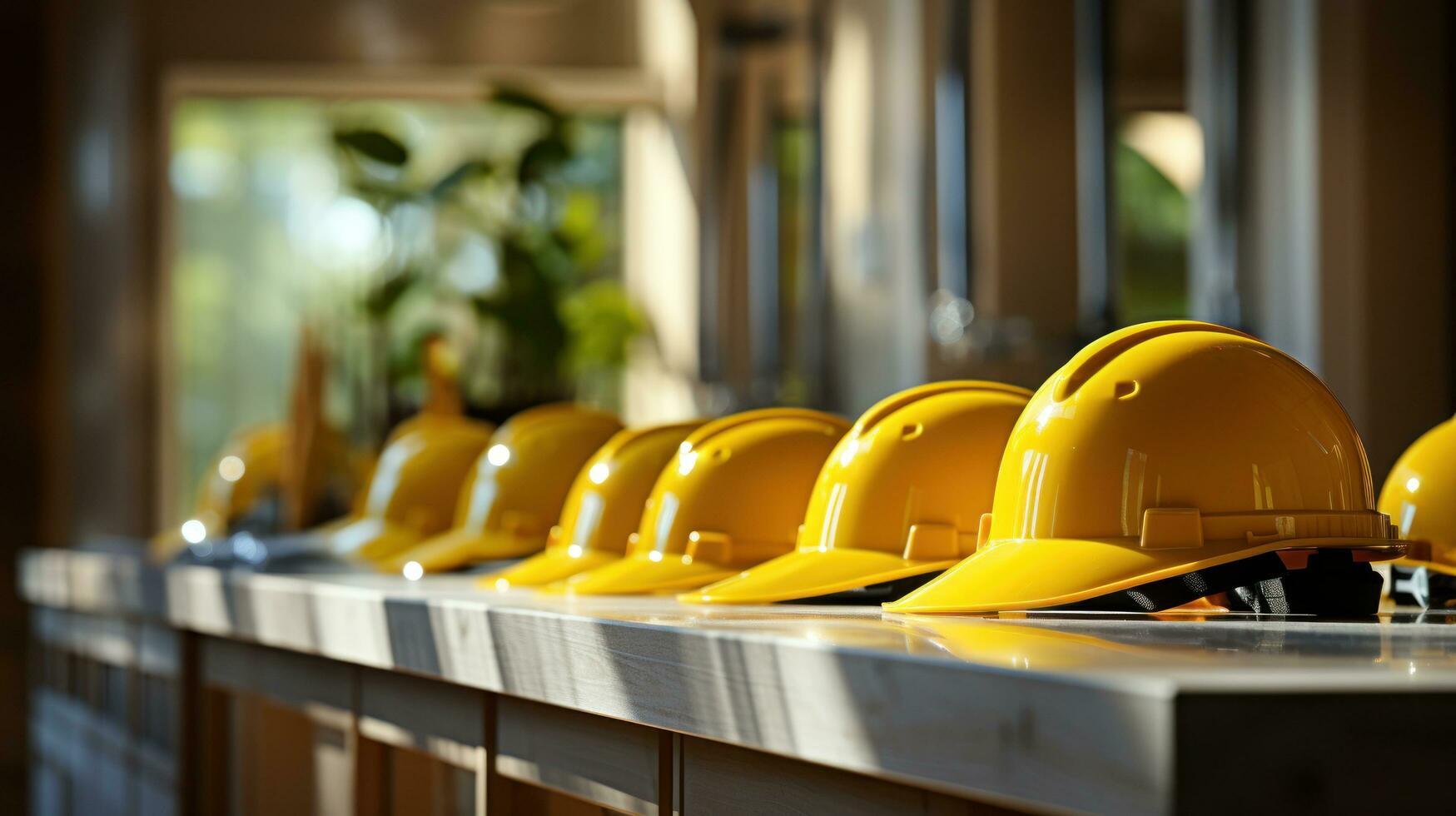 Yellow safety helmet of the construction worker team on a table. Generative AI photo