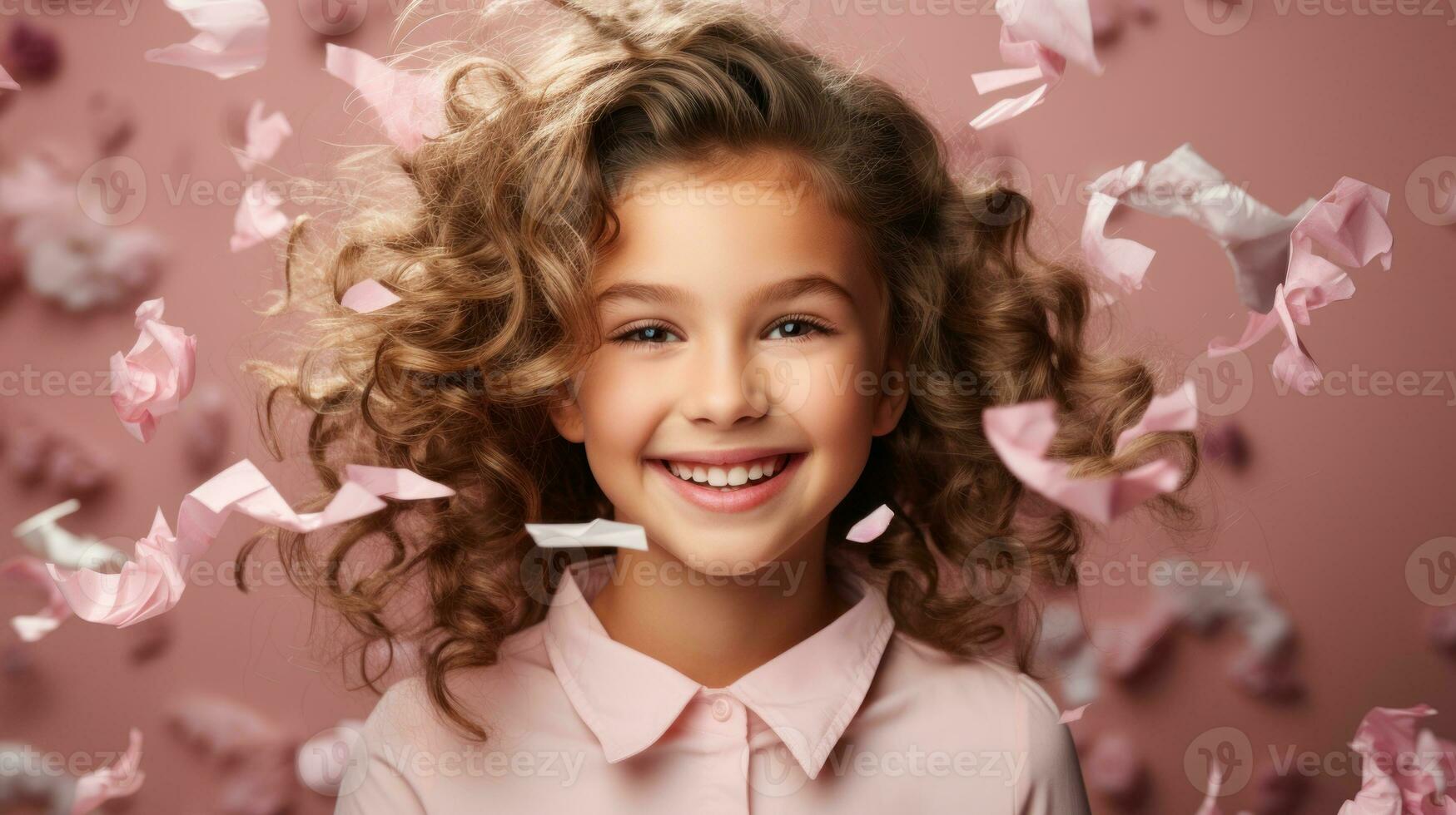 Happy mood of a cheerful little girl on pink background concept. Generative AI photo