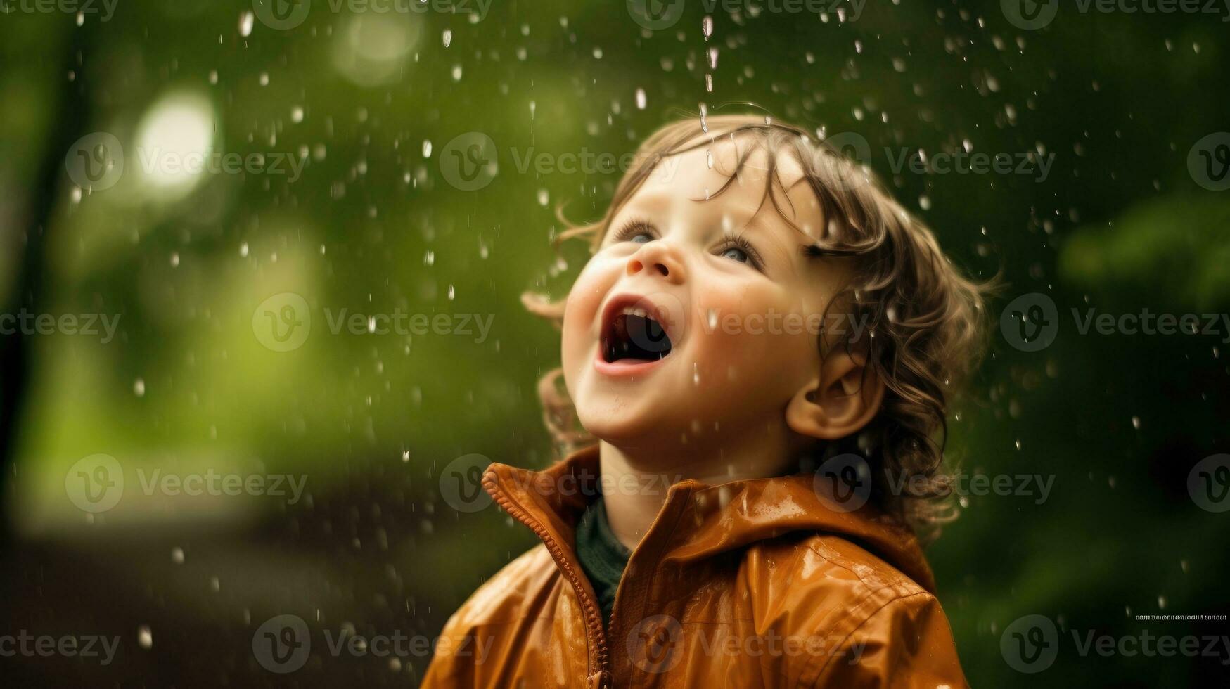 A child's joy in the face of raindrops. Generative AI photo