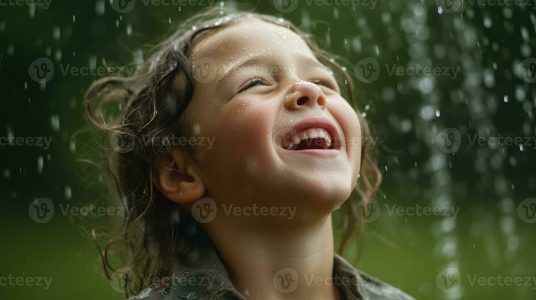 A child's joy in the face of raindrops. Generative AI photo