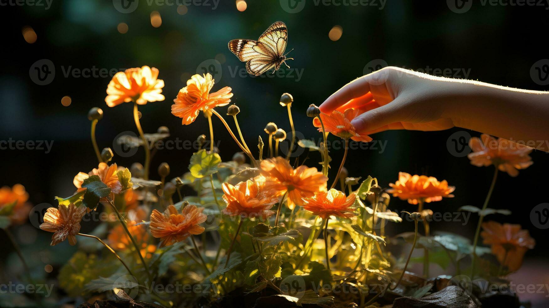 Child's fingers reaching towards a delicate butterfly preparing to land on a flower. Generative AI photo