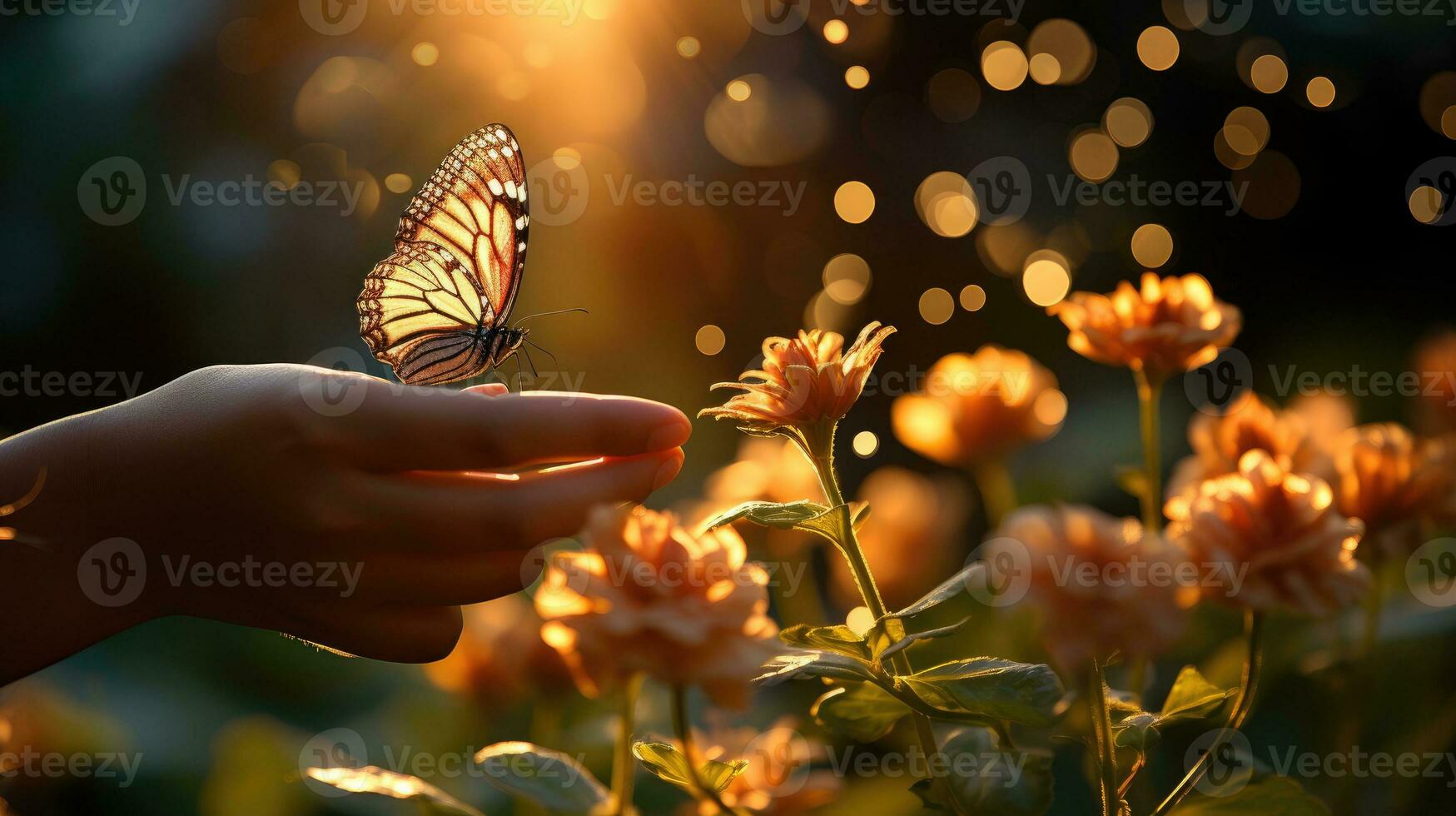 Child's fingers reaching towards a delicate butterfly preparing to land on a flower. Generative AI photo