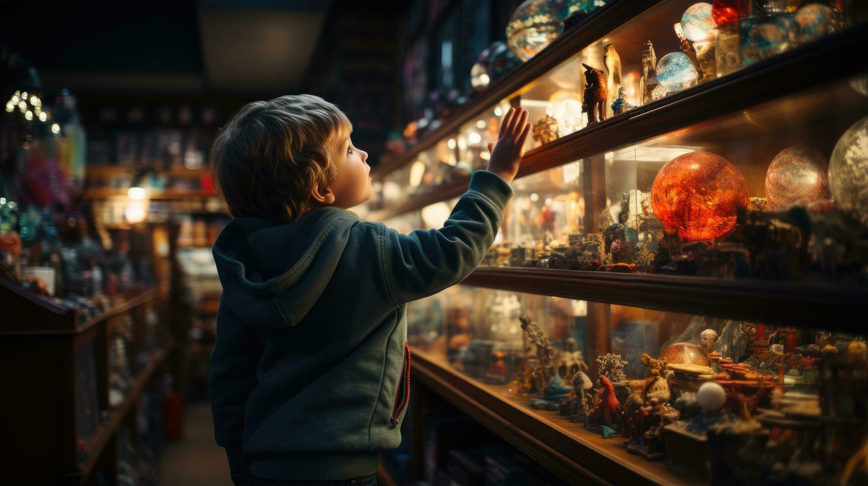 The boy trying to reach the store shelf to buy the toy he wanted. Generative AI photo