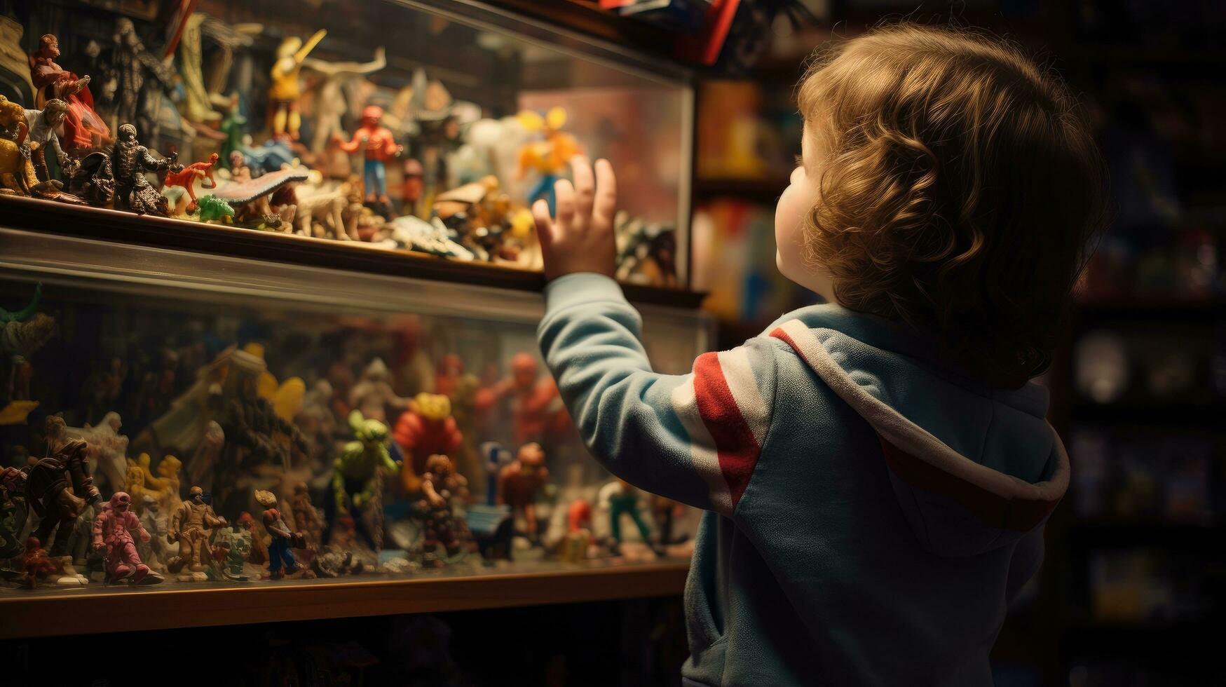 The boy trying to reach the store shelf to buy the toy he wanted. Generative AI photo