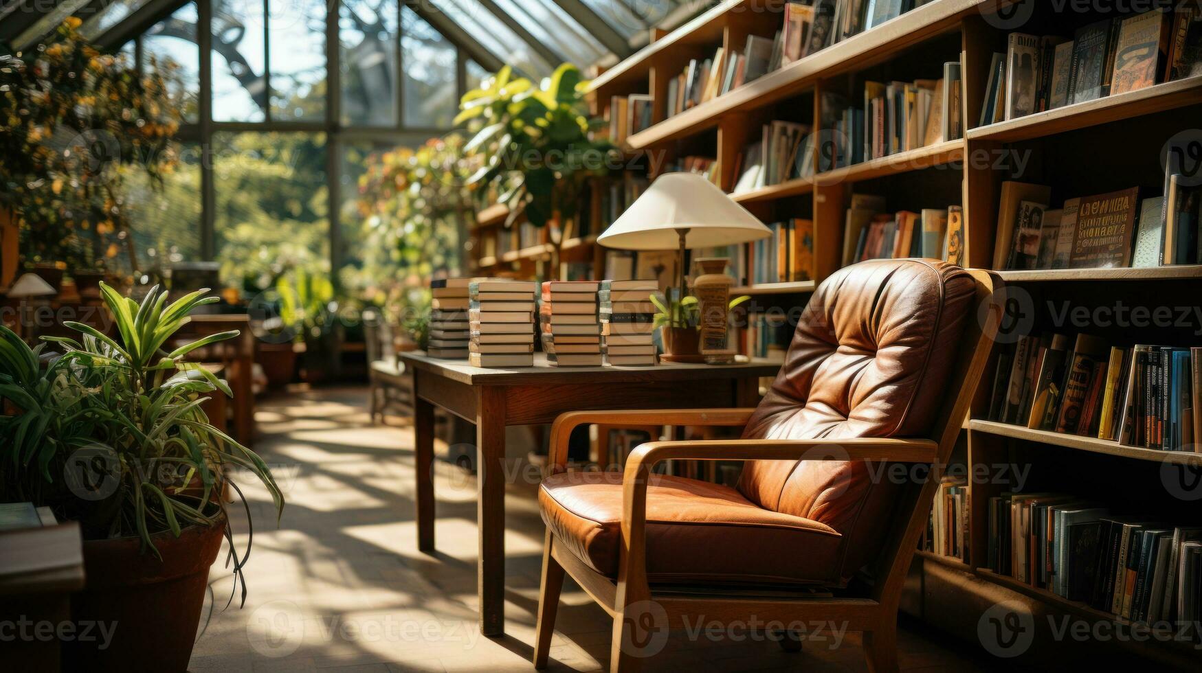 Interior view of a classic library. Generative AI photo