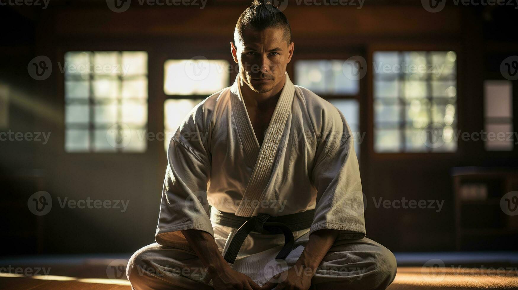 The face of a martial artist who captures the essence of devotion and mastery while practicing kata at the dojo. Generative AI photo