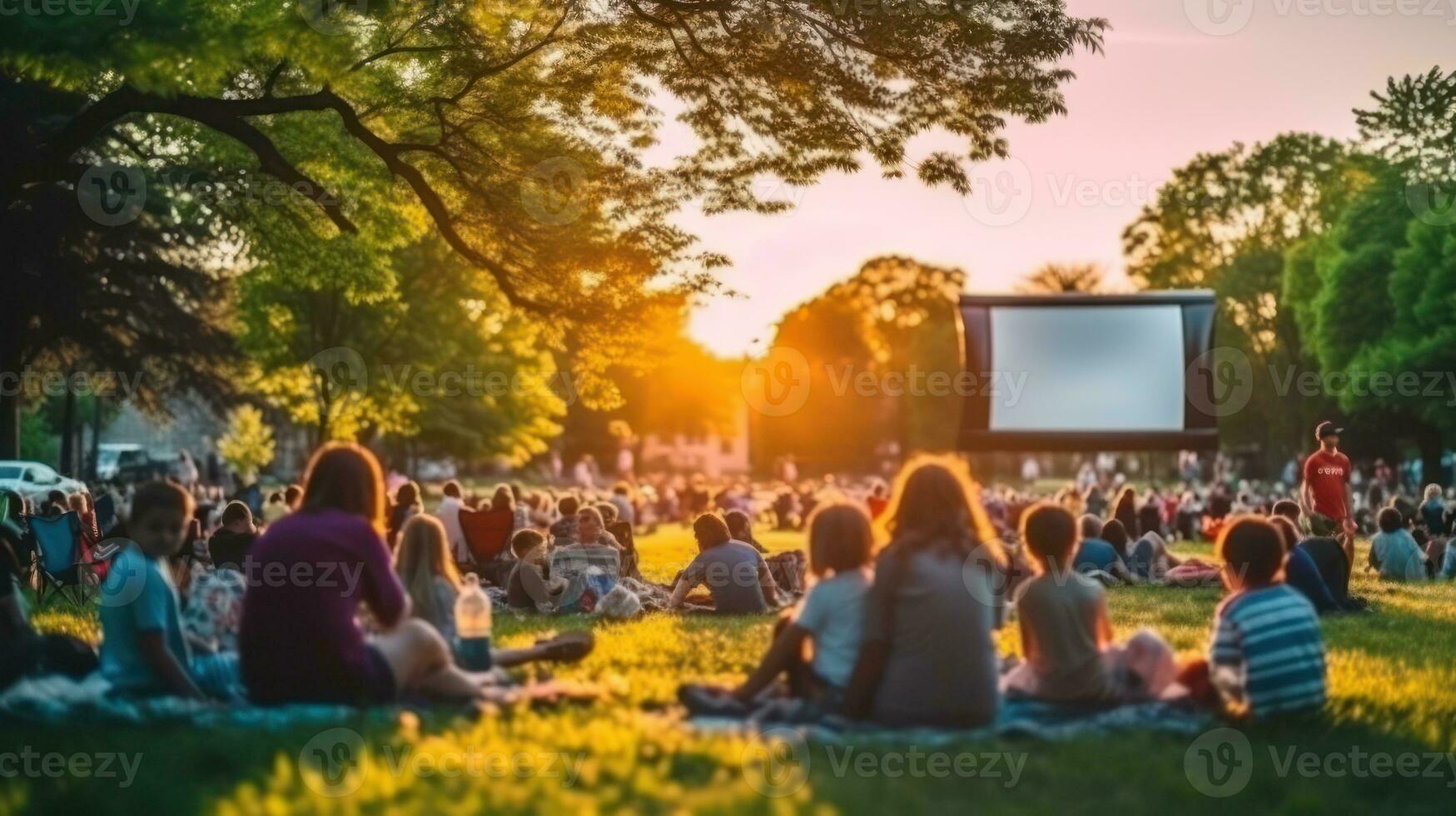 personas reunir para película noche en un parque. generativo ai foto