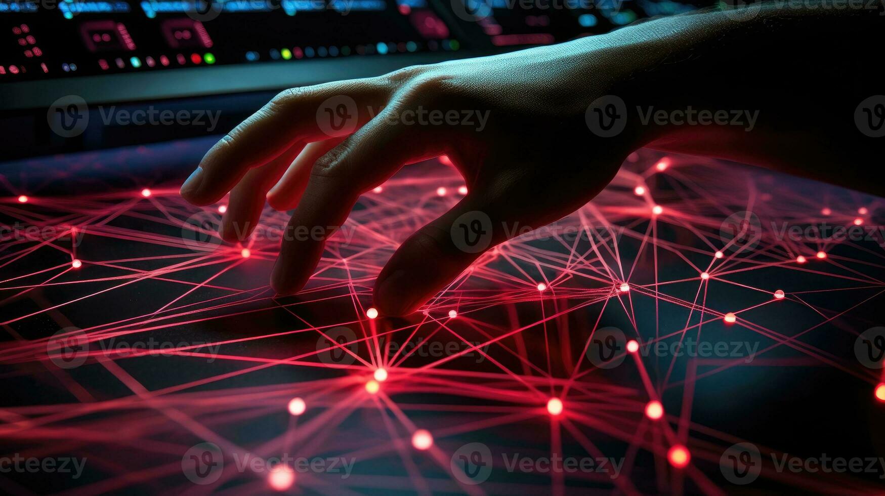 3D network visualization by cybersecurity expert's hand. Generative AI photo