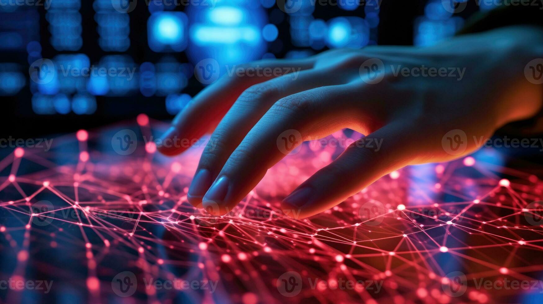 3D network visualization by cybersecurity expert's hand. Generative AI photo