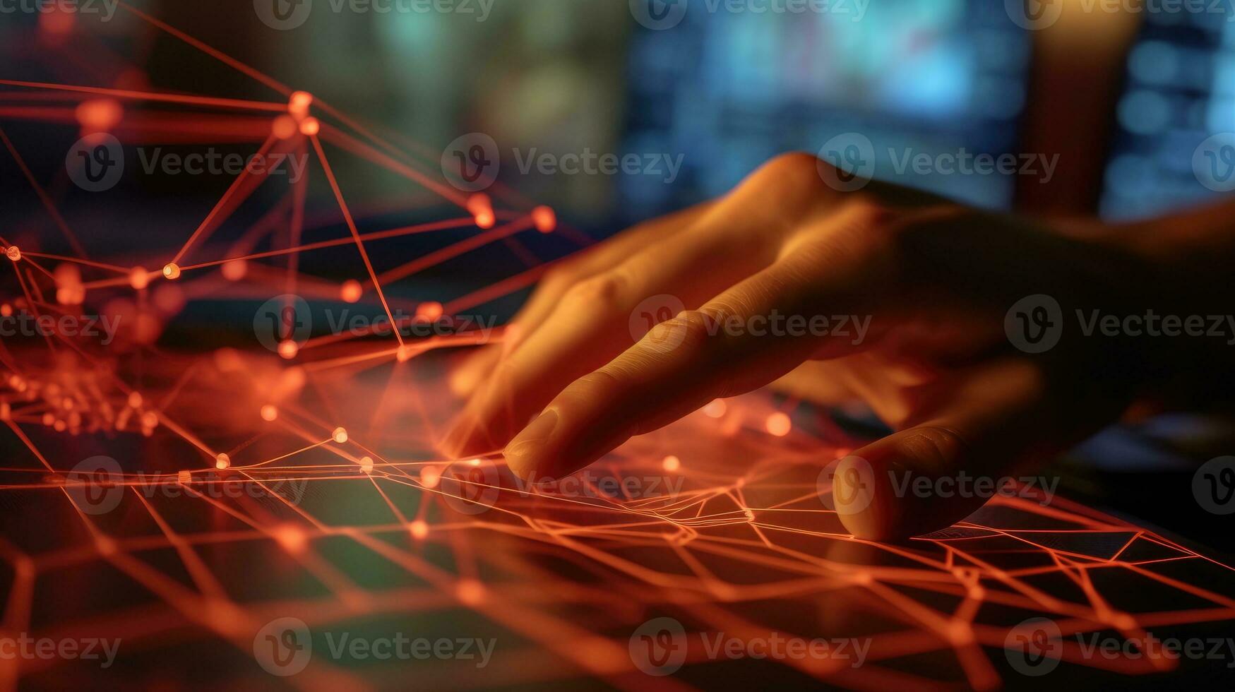 3D network visualization by cybersecurity expert's hand. Generative AI photo