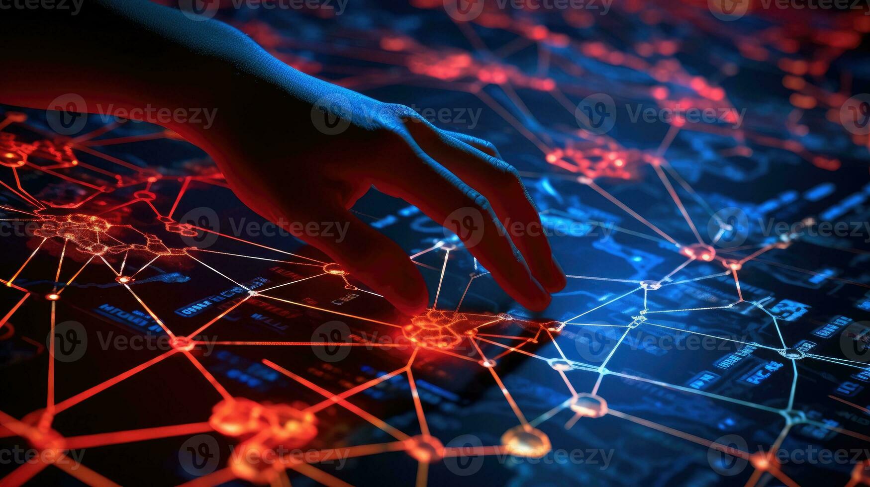 3D network visualization by cybersecurity expert's hand. Generative AI photo