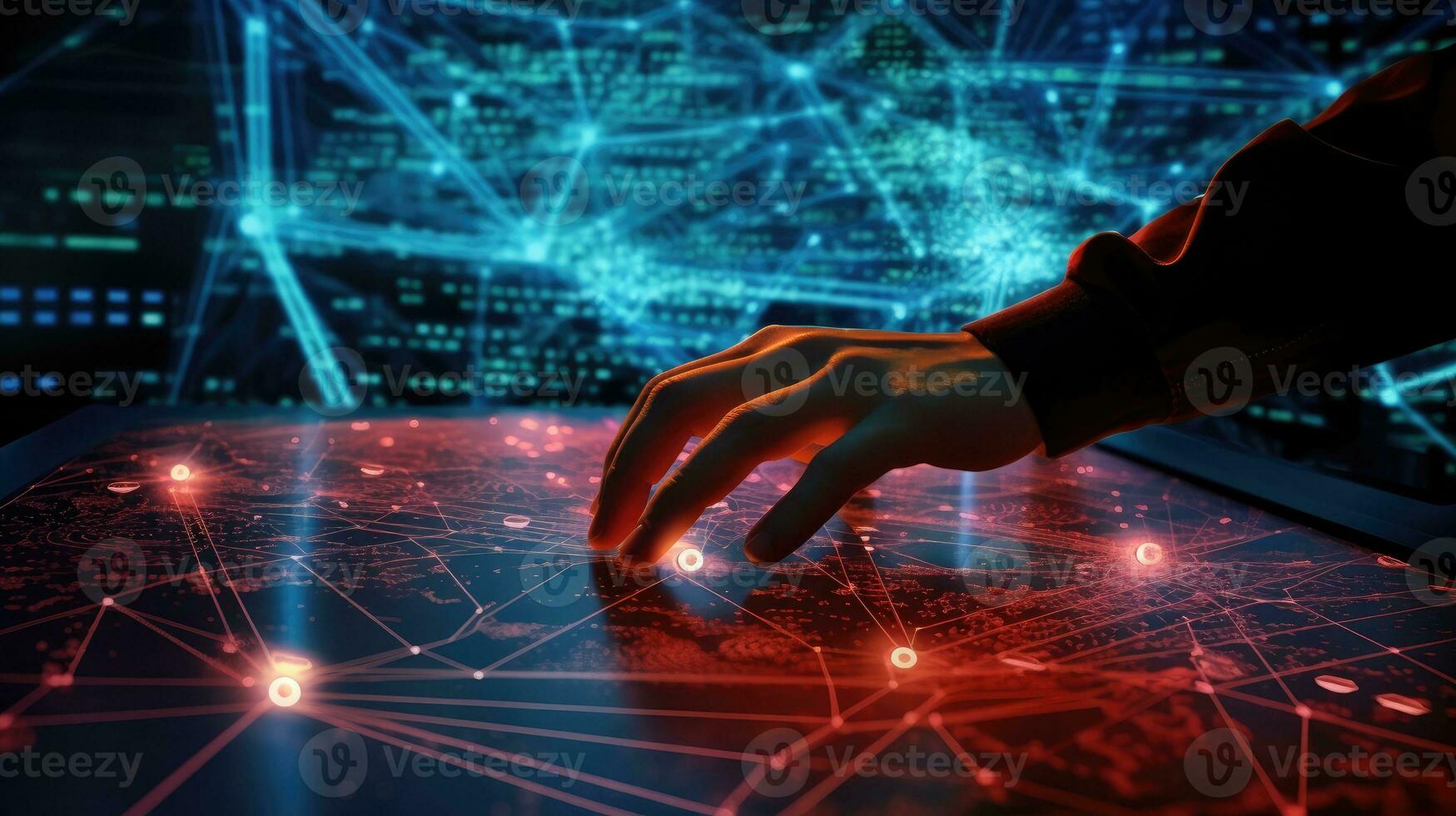 3D network visualization by cybersecurity expert's hand. Generative AI photo