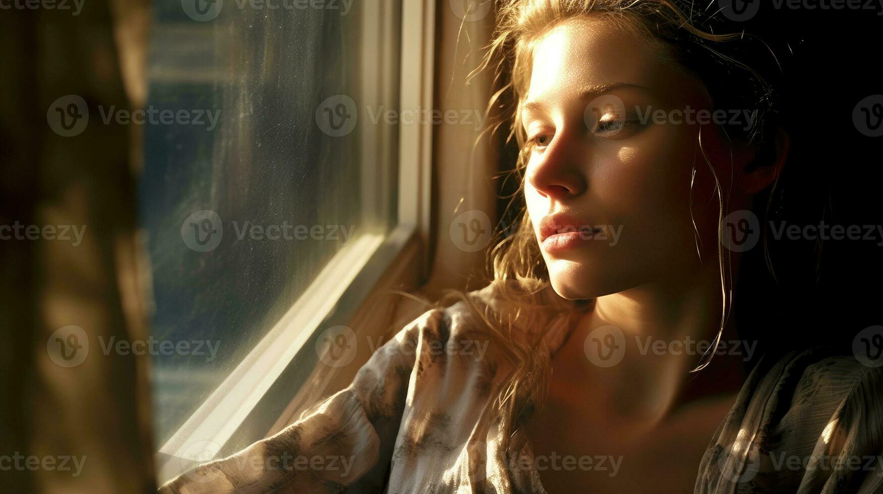 The dreamer is a girl looking out the window, her eyes filled with curiosity. Generative AI photo